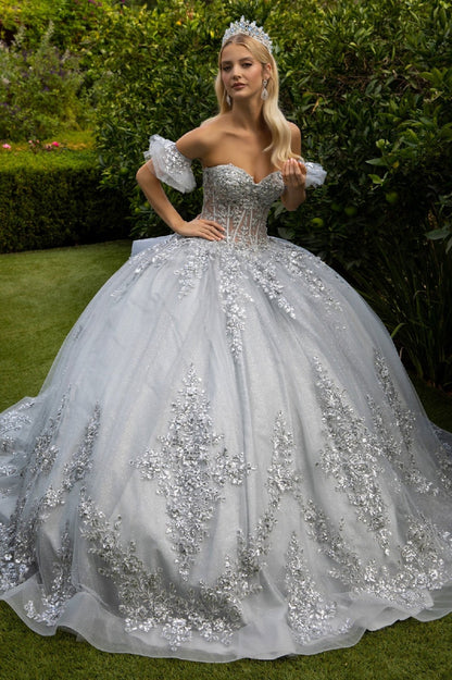 Silver Glitter quincea Ball Gown with Detached Sleeves and Detachable Bow