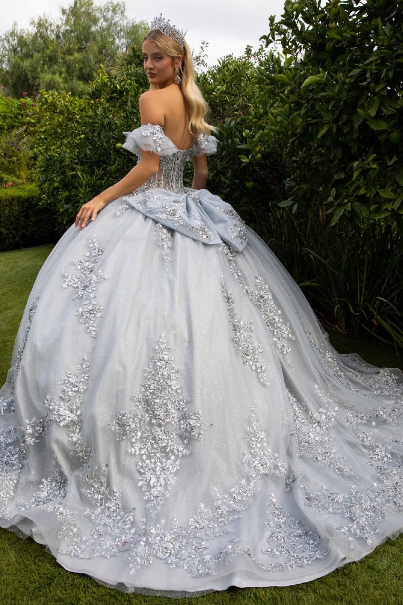 Silver quince Ball Gown with big back bow and long train