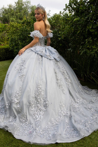 Silver quince Ball Gown with big back bow and long train