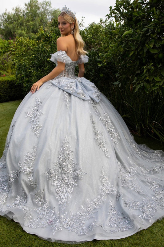 Silver quince Ball Gown with big back bow and long train