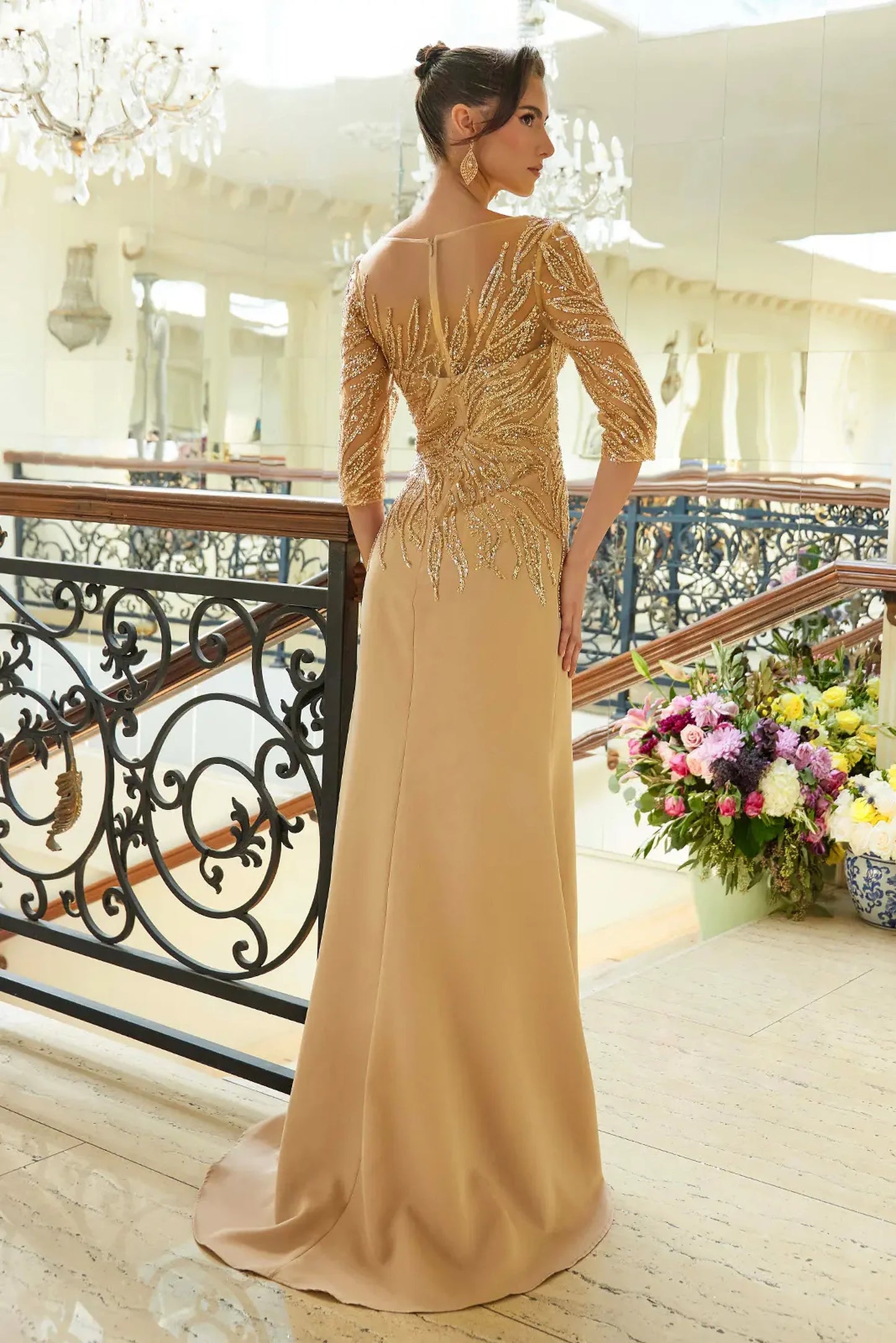 Champagne fitted mother of the bride dress with concealed zipper back and 3/4 sleeve