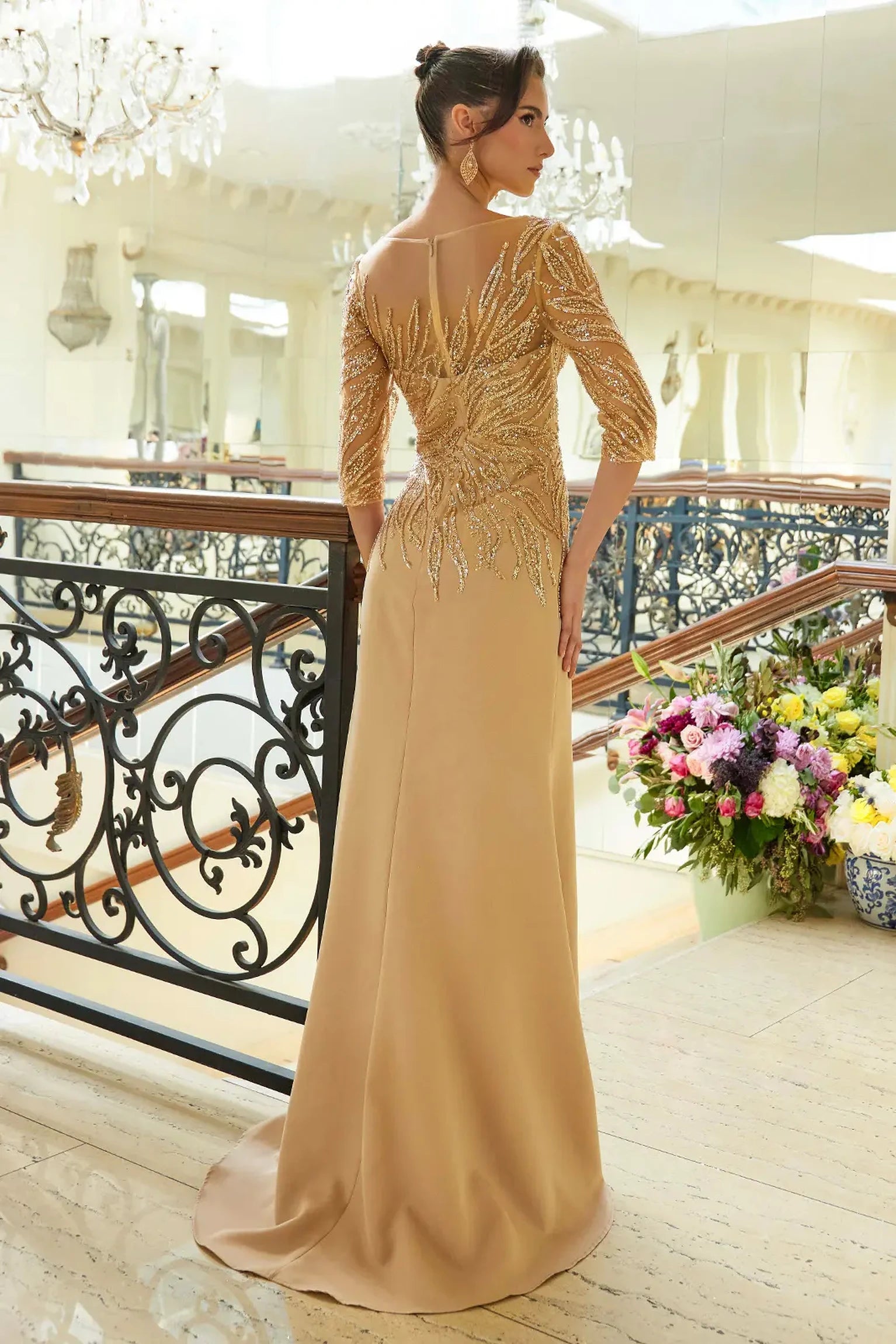 Champagne fitted mother of the bride dress with concealed zipper back and 3/4 sleeve