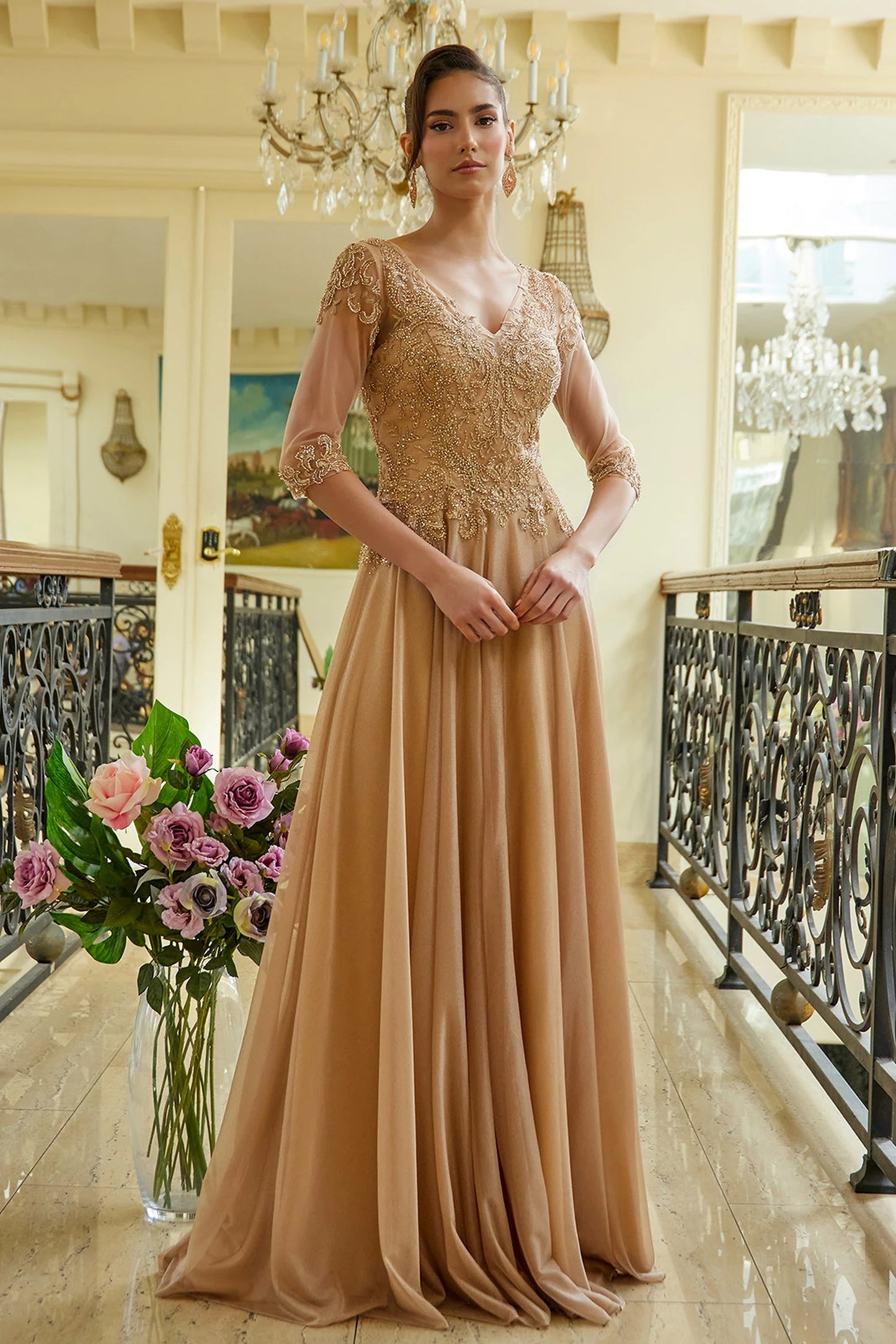 Gold mesh a-line mother of the bride dress with illusion v-neck