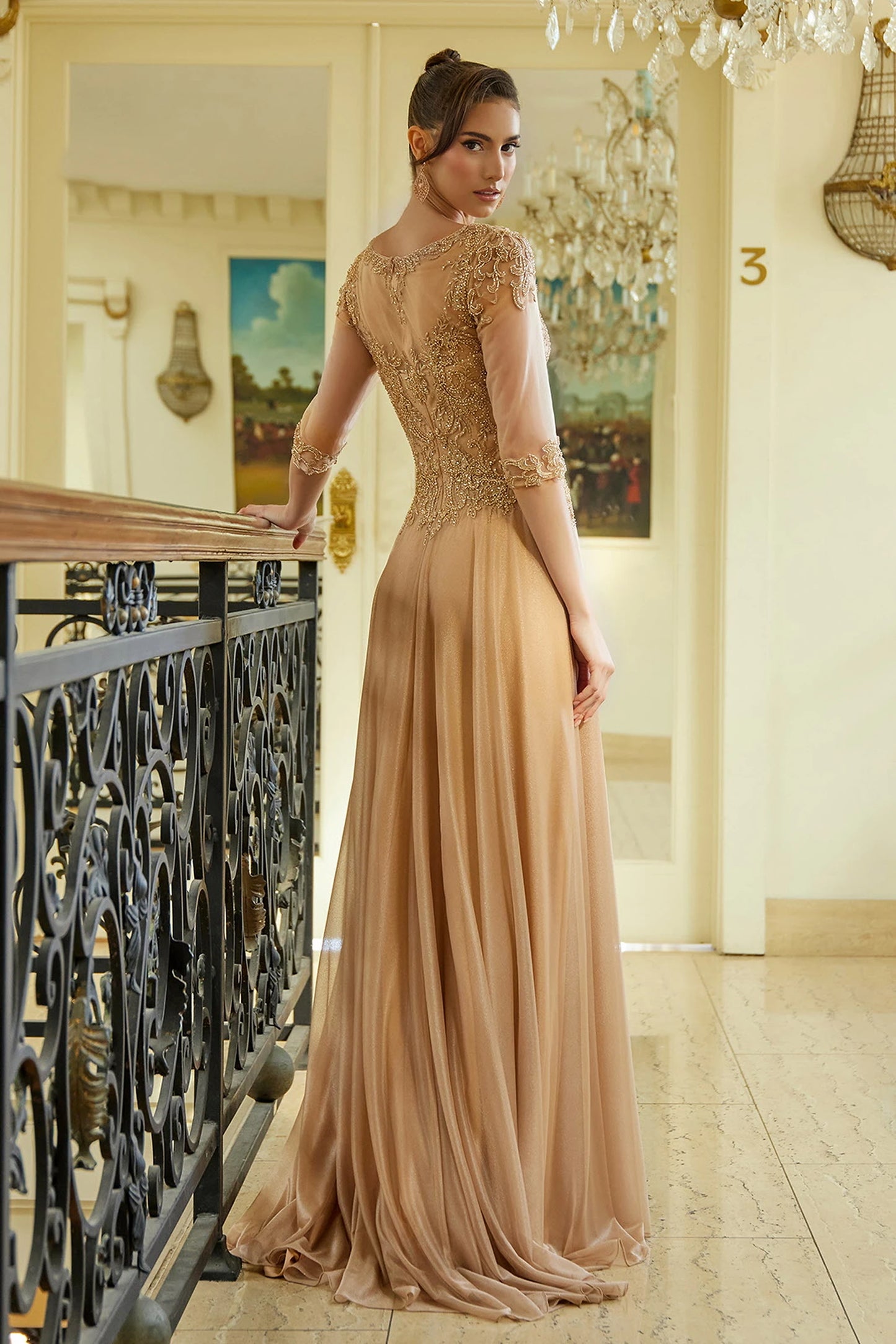 Gold a-line mother of the bride dress with concealed zipper back and 3/4 sleeve