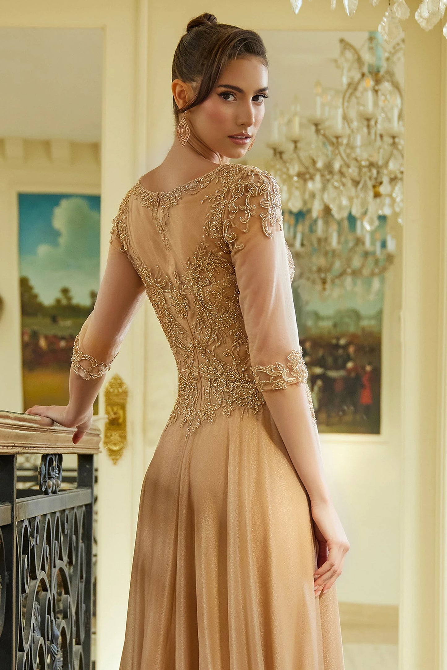 Gold mother of the bride dress featuring concealed zipper back bodice finished with beads, embroidery, jewel