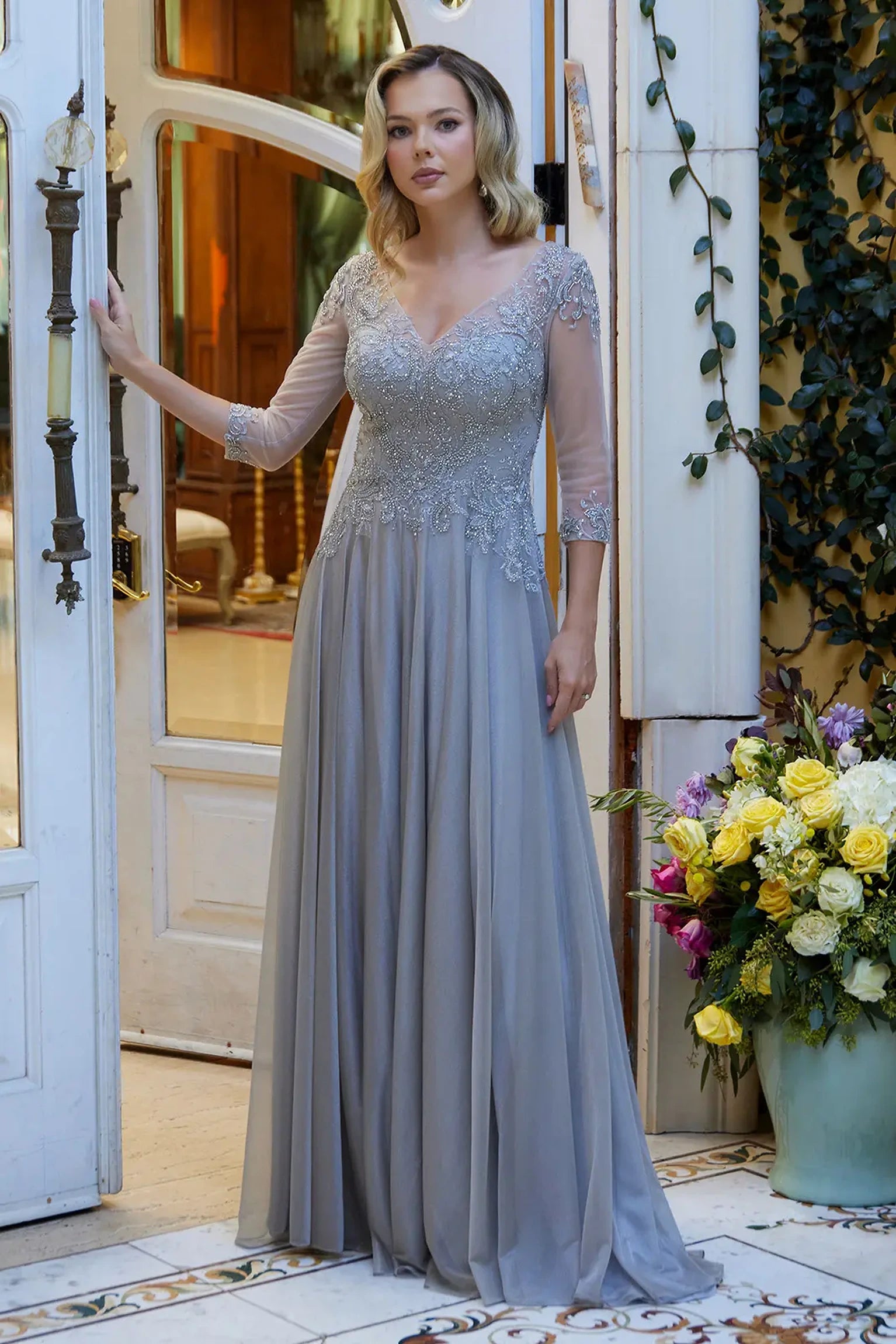 Silver mesh a-line mother of the bride dress with illusion v-neck