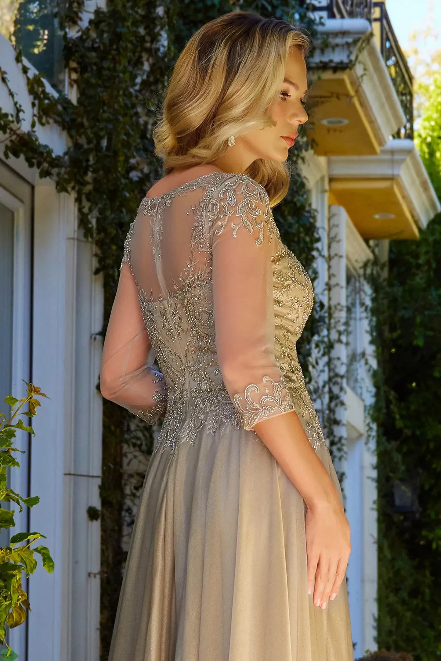 Silver mother of the bride dress featuring concealed zipper back bodice finished with beads, embroidery, jewel