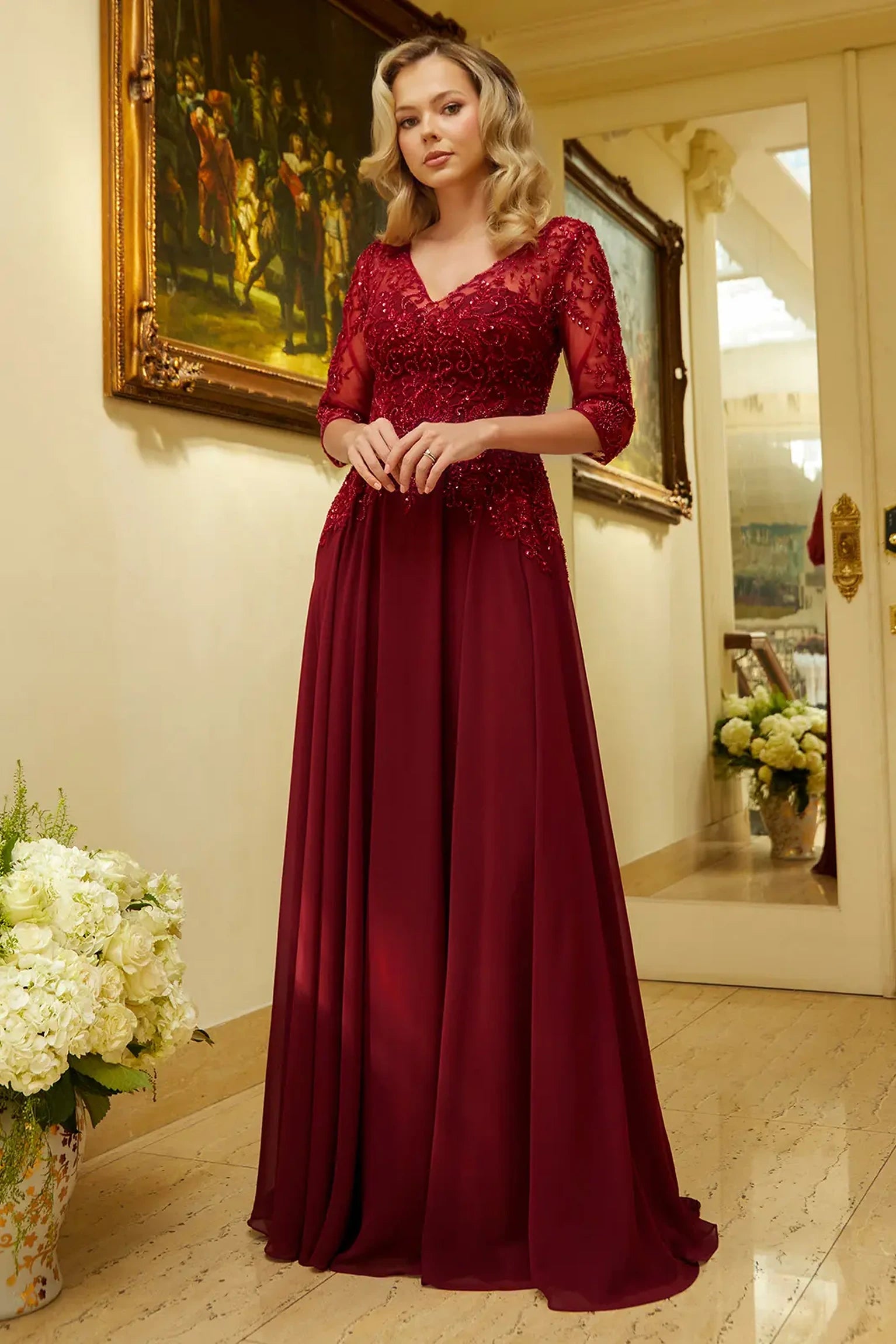 Burgundy chiffon, mesh a-line mother of the bride dress with illusion v-neck