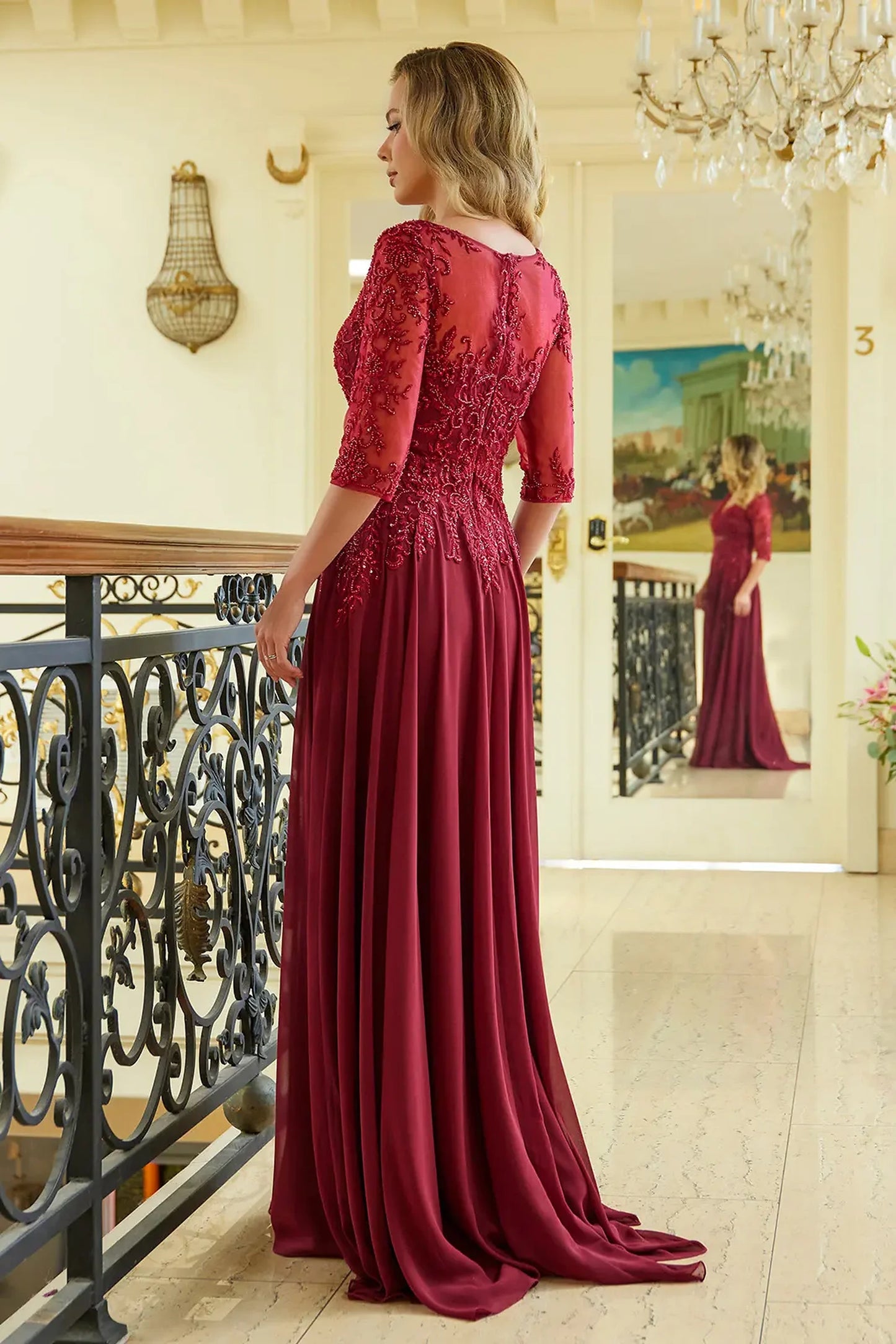 Burgundy a-line mother of the bride dress with concealed zipper back and 1/2 sleeve