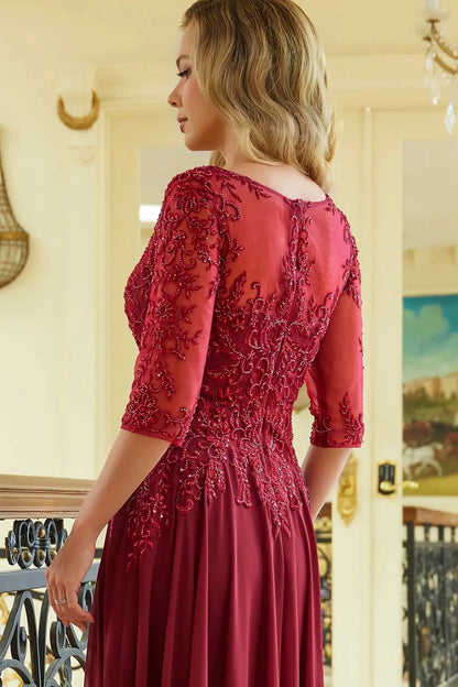 Back detail shows burgundy mother of the bride dress featuring concealed zipper back bodice finished with beads, embroidery, sequin.