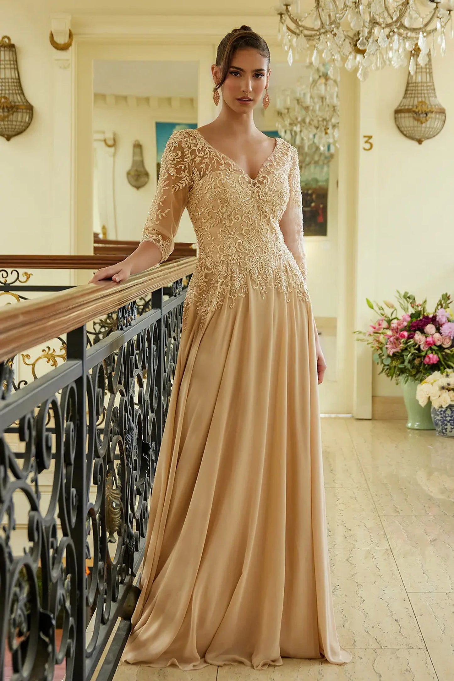 Champagne chiffon, mesh a-line mother of the bride dress with illusion v-neck