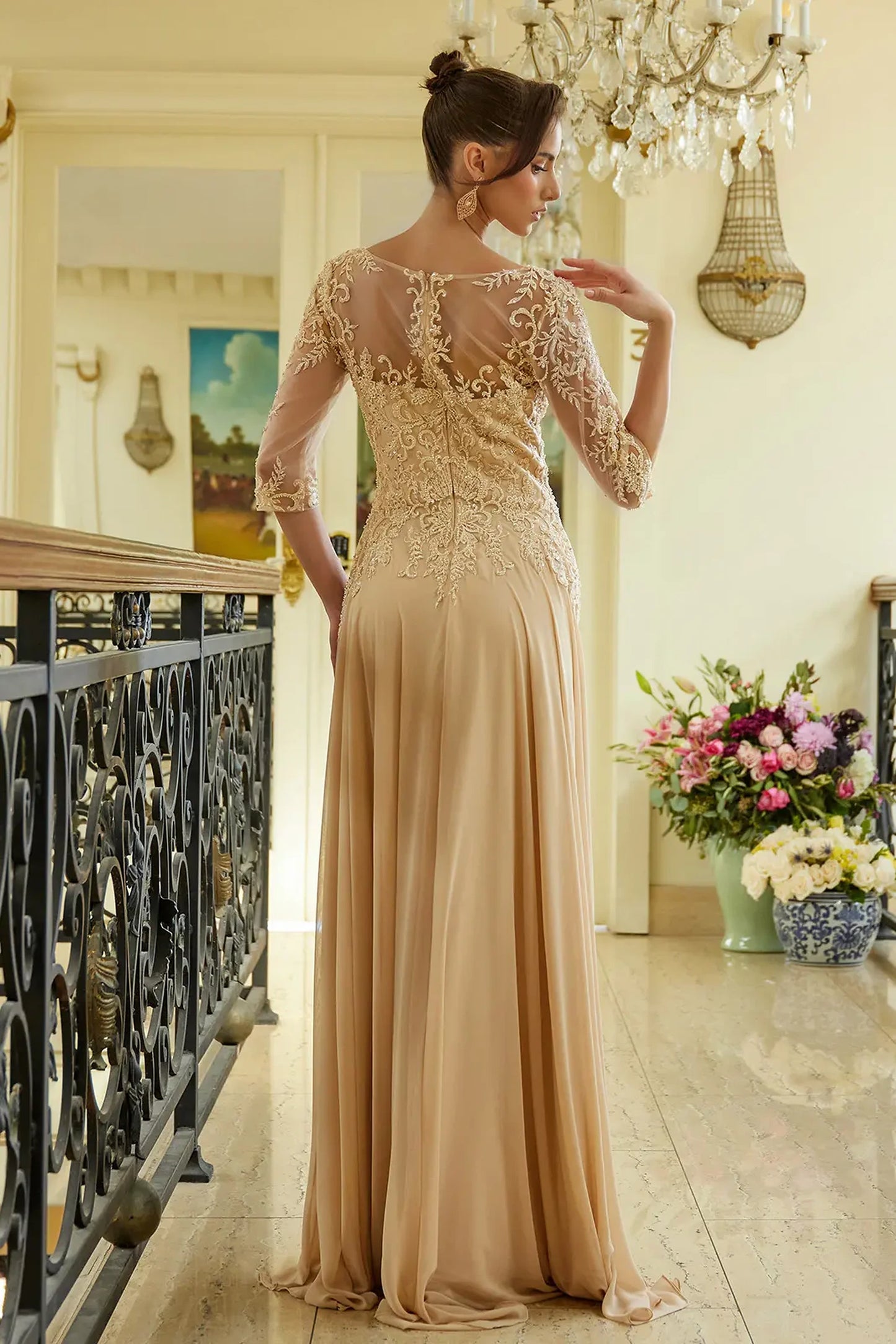 Champagne a-line mother of the bride dress with concealed zipper back and 1/2 sleeve