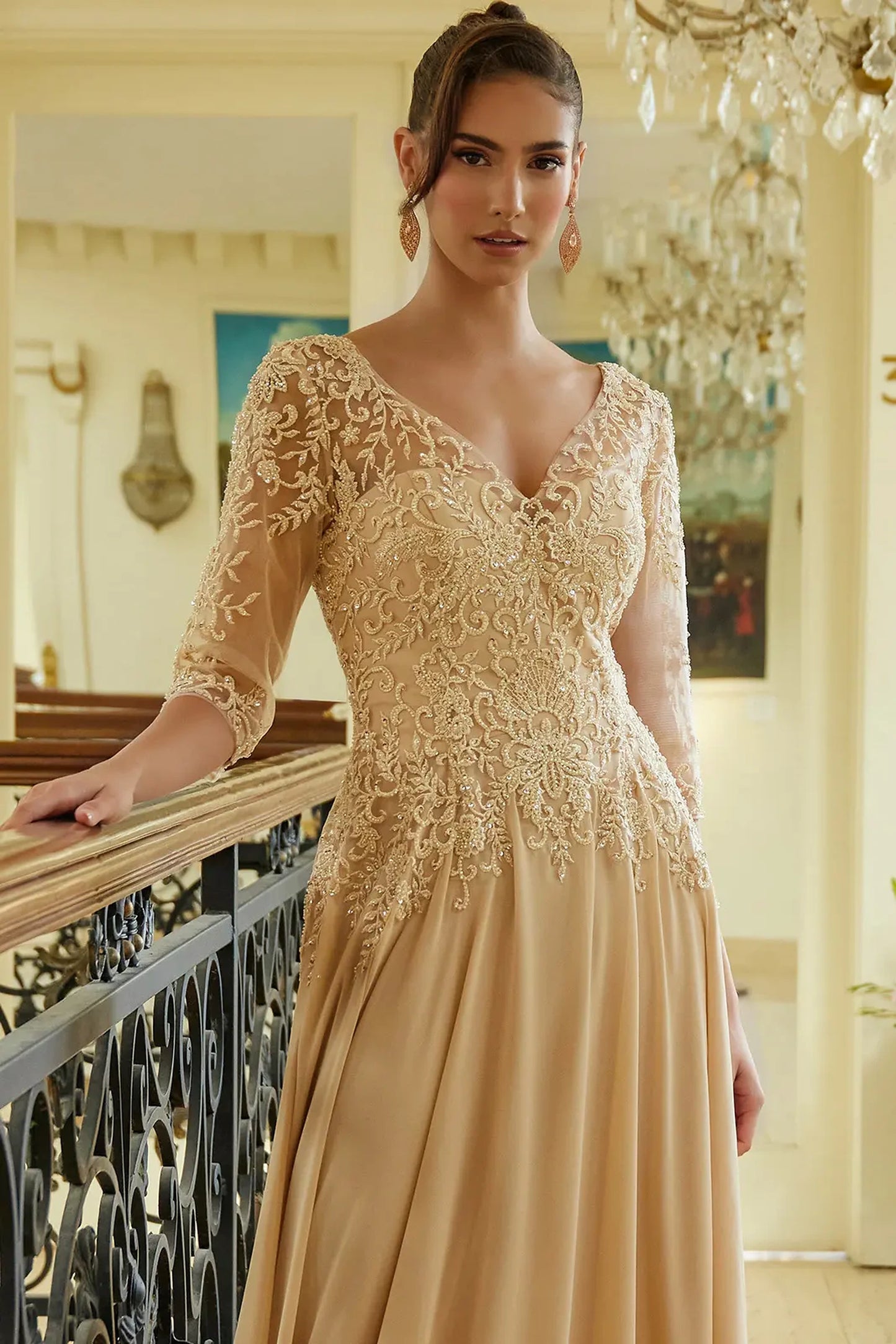 Champagne mother of the bride dress featuring illusion v-neck bodice with 1/2 sleeve and beads, embroidery, sequin