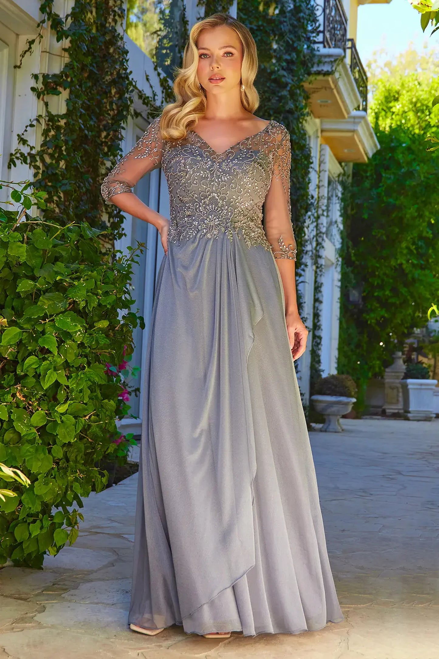 Charcoal jersey, mesh a-line mother of the bride dress with illusion v-neck