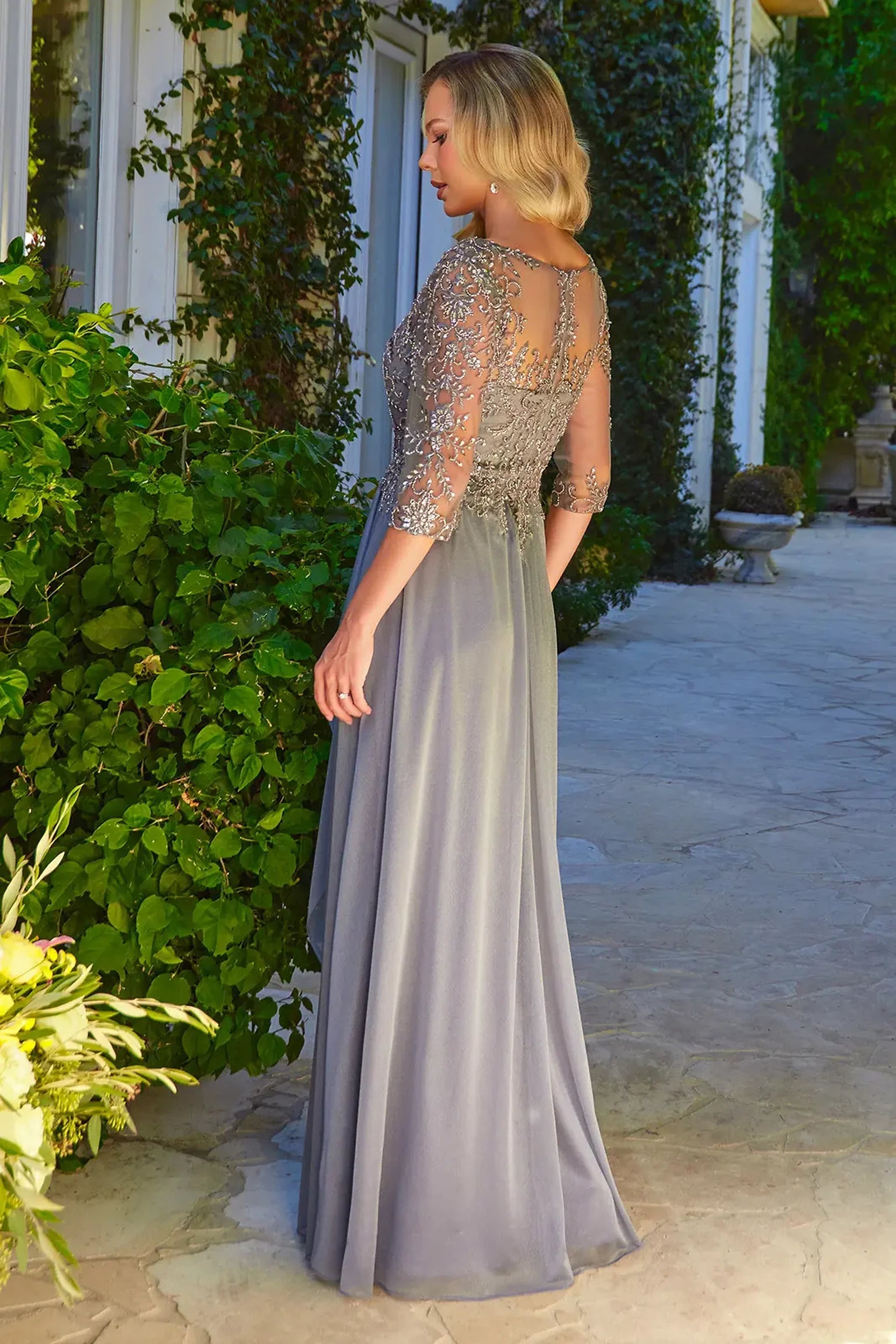 Charcoal a-line mother of the bride dress with concealed zipper back and 3/4 sleeve