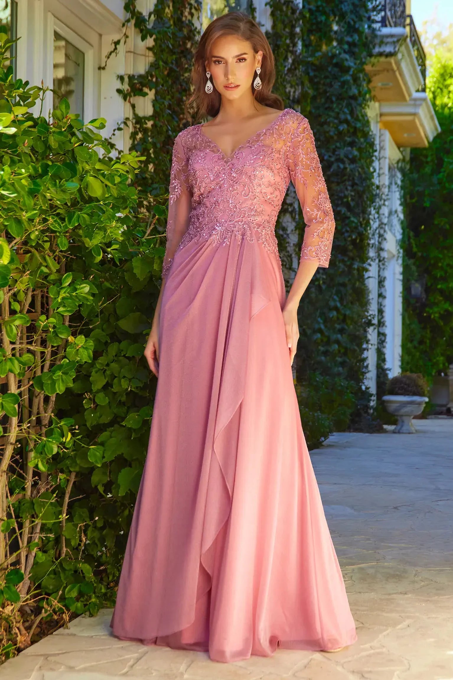 Dusty Rose jersey, mesh a-line mother of the bride dress with illusion v-neck