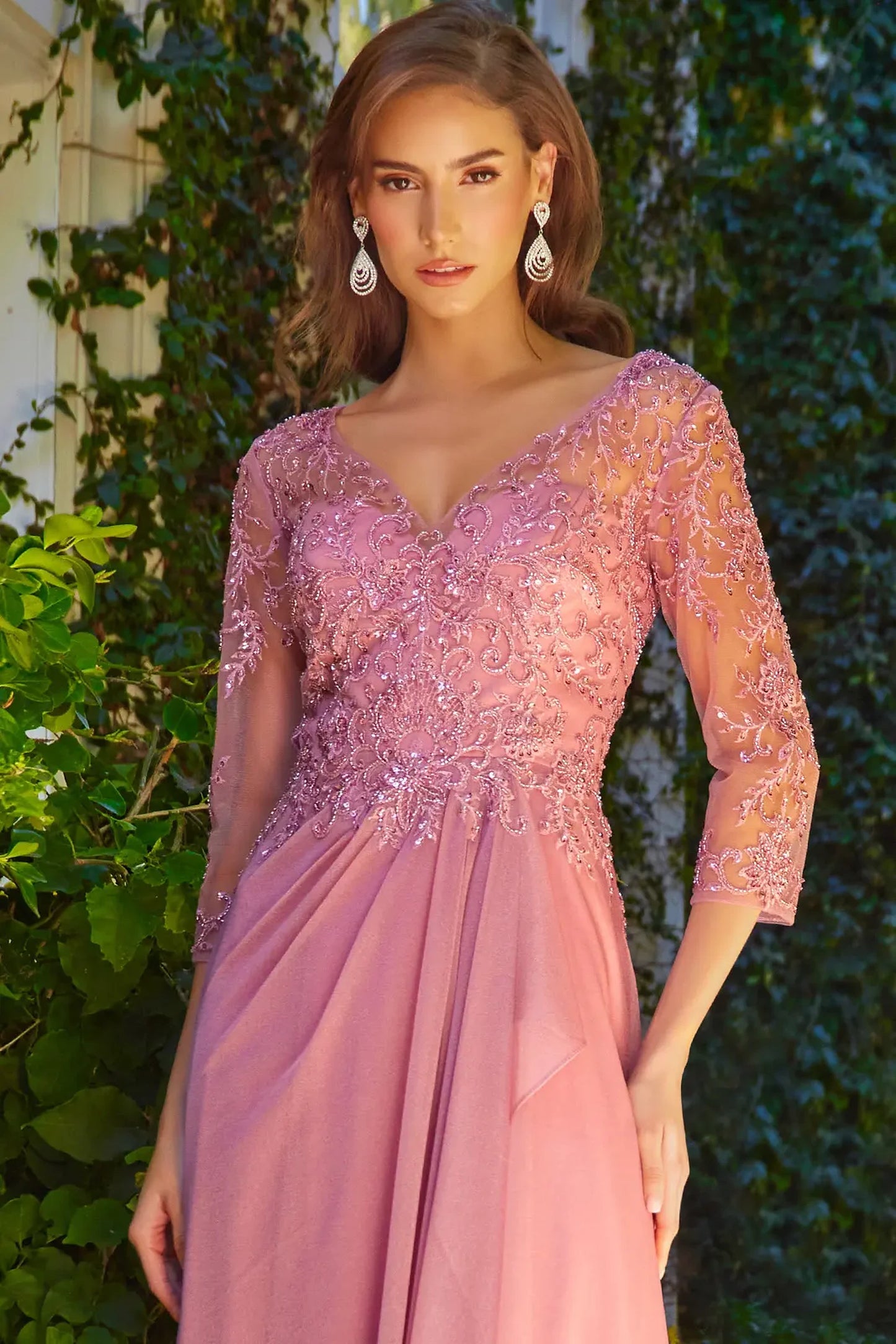Dusty Rose mother of the bride dress featuring illusion v-neck bodice with 3/4 sleeve and beads, embroidery, sequin