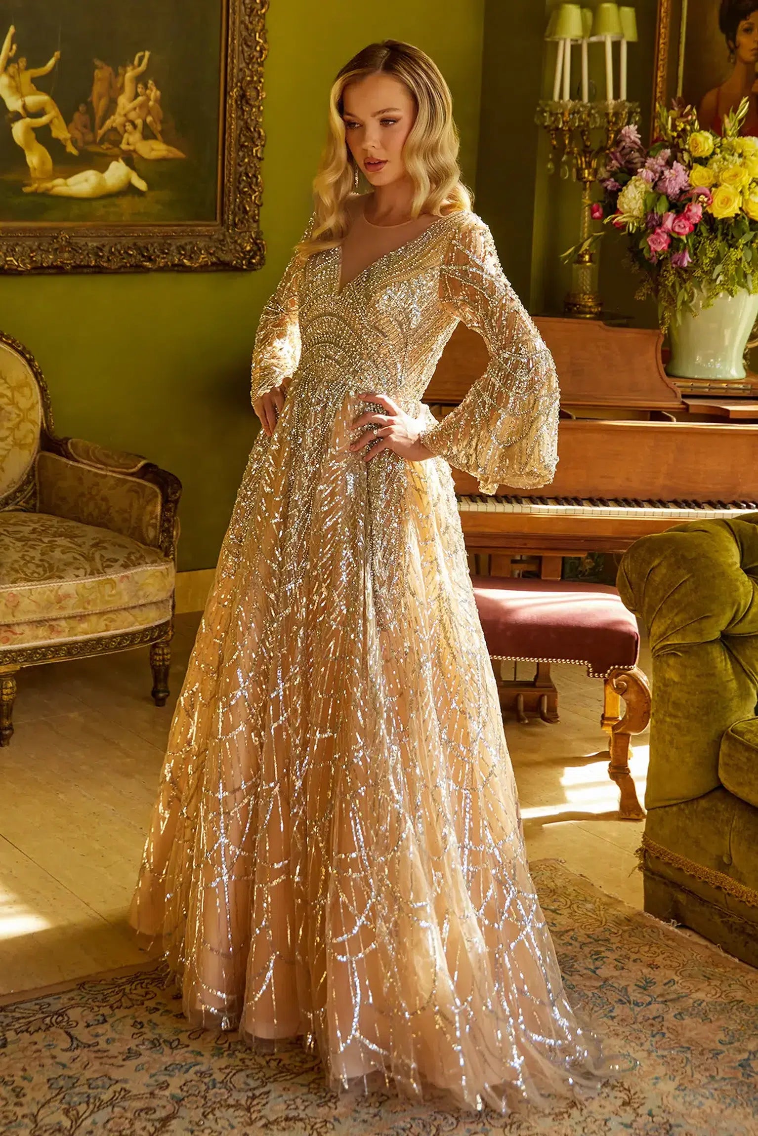 Gold mesh a-line mother of the bride dress with illusion v-neck