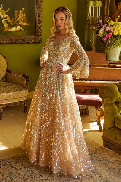 Detailed view highlights gold mesh a-line mother of the bride dress with illusion v-neck.