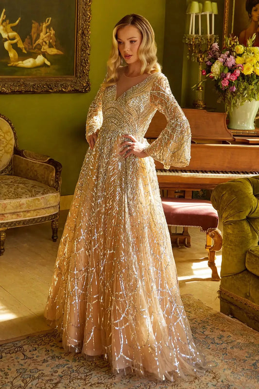 Detailed view highlights gold mesh a-line mother of the bride dress with illusion v-neck.
