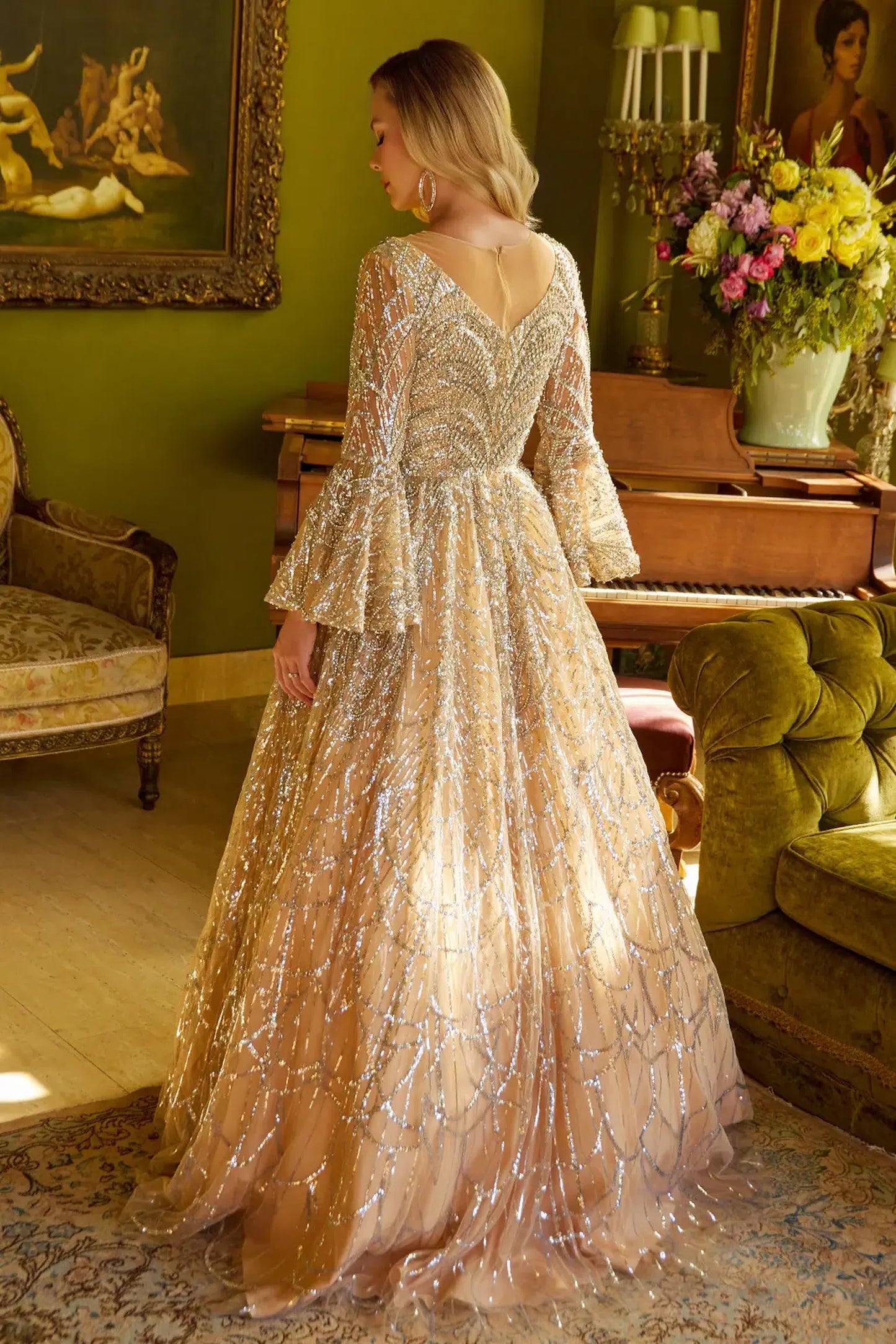 Gold a-line mother of the bride dress with concealed zipper back and long sleeve