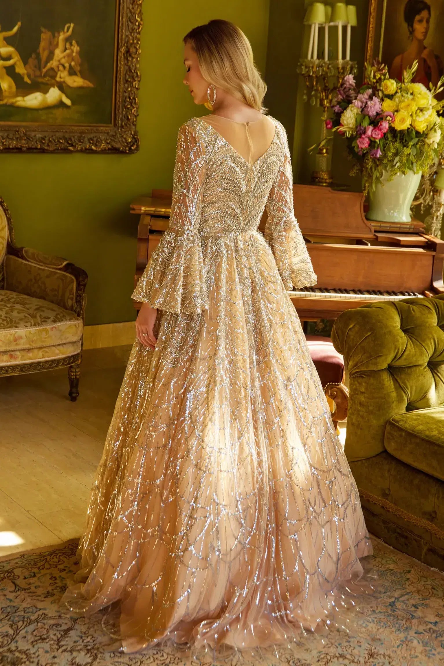 Gold a-line mother of the bride dress with concealed zipper back and long sleeve