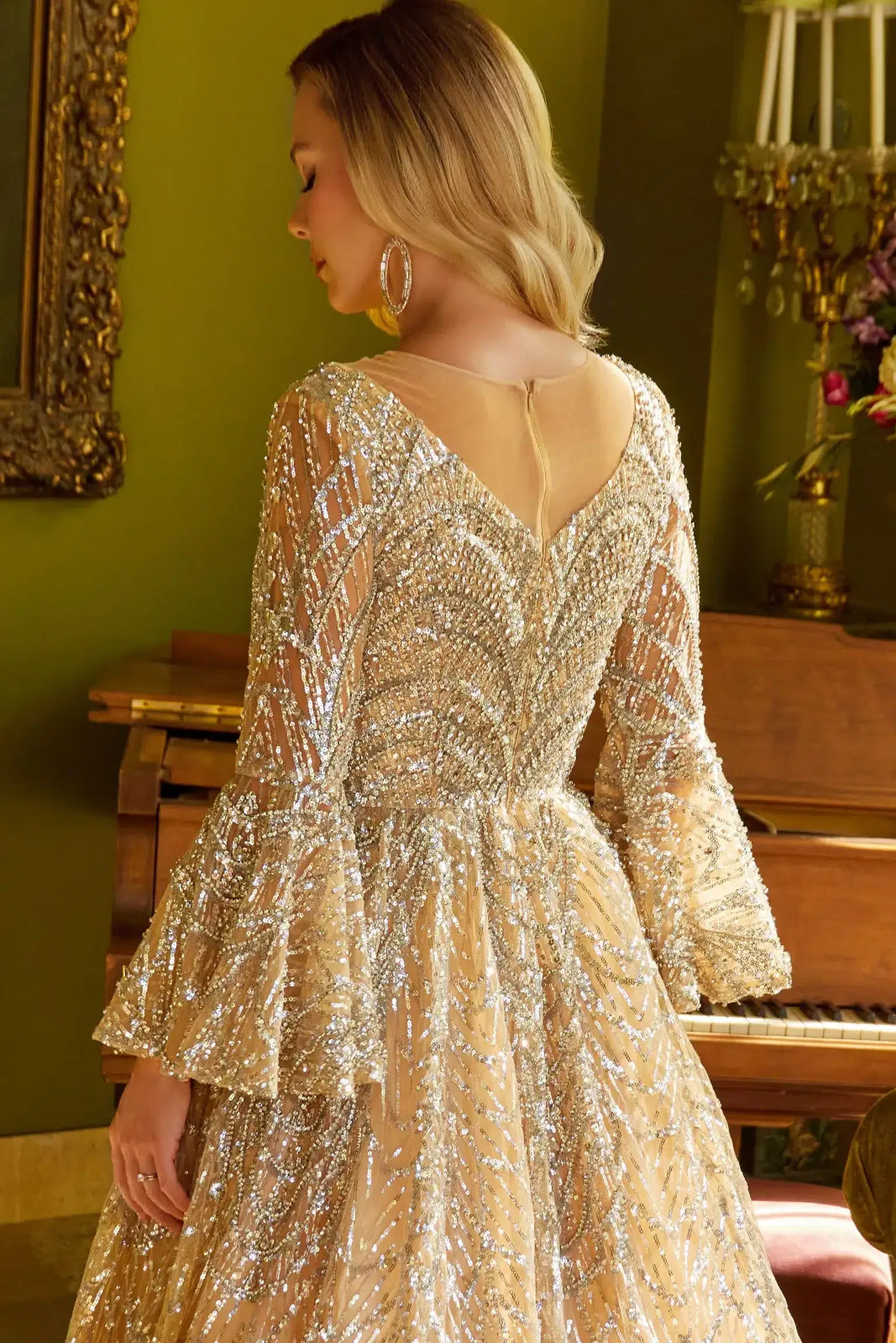 Gold mother of the bride dress featuring concealed zipper back bodice finished with beads, jewel, sequin