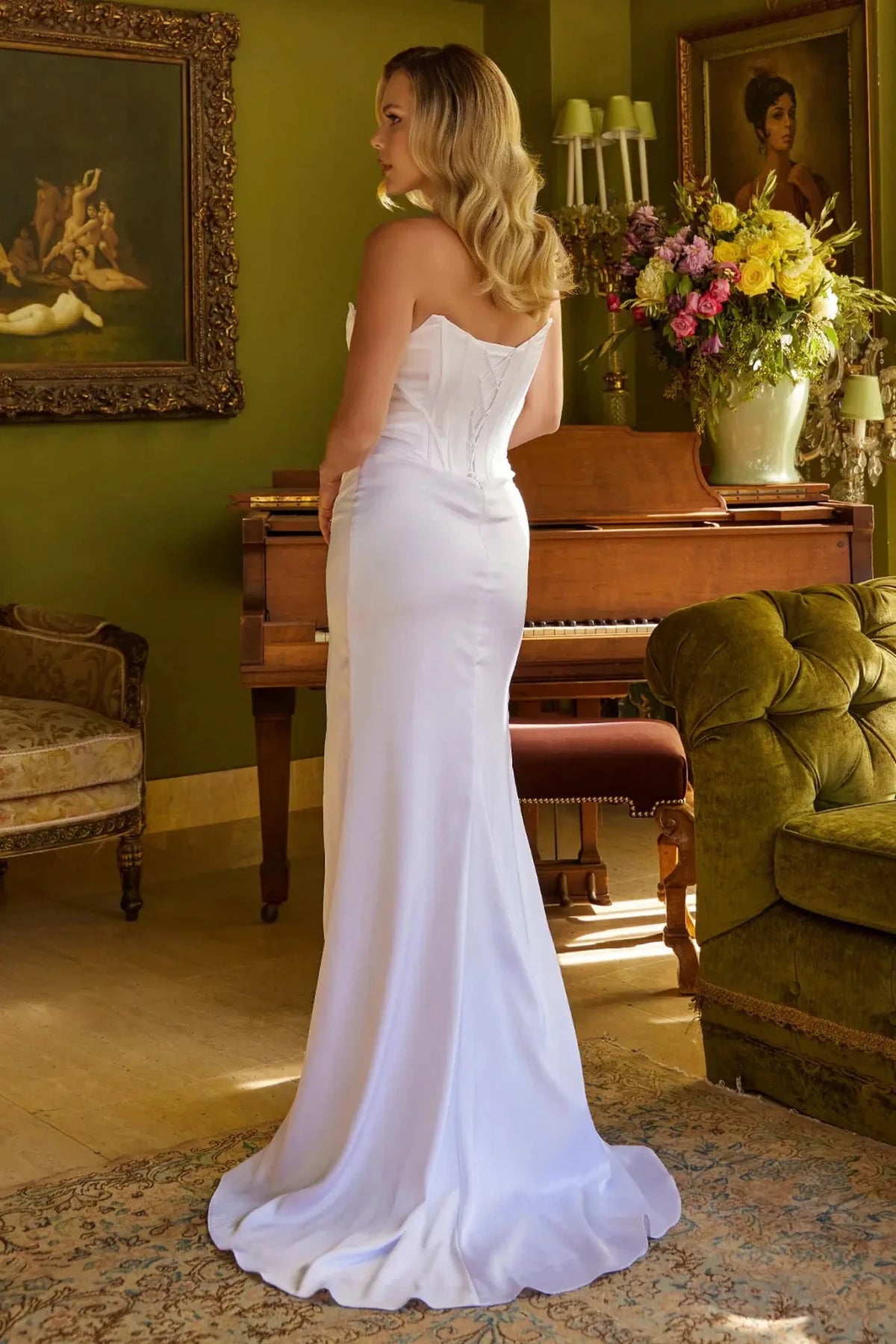 White prom evening dress full back with back detail