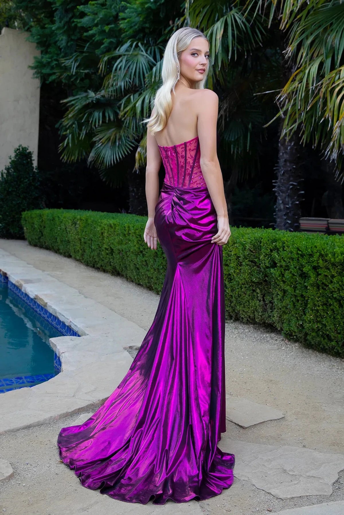 Magenta prom evening dress full back with back detail