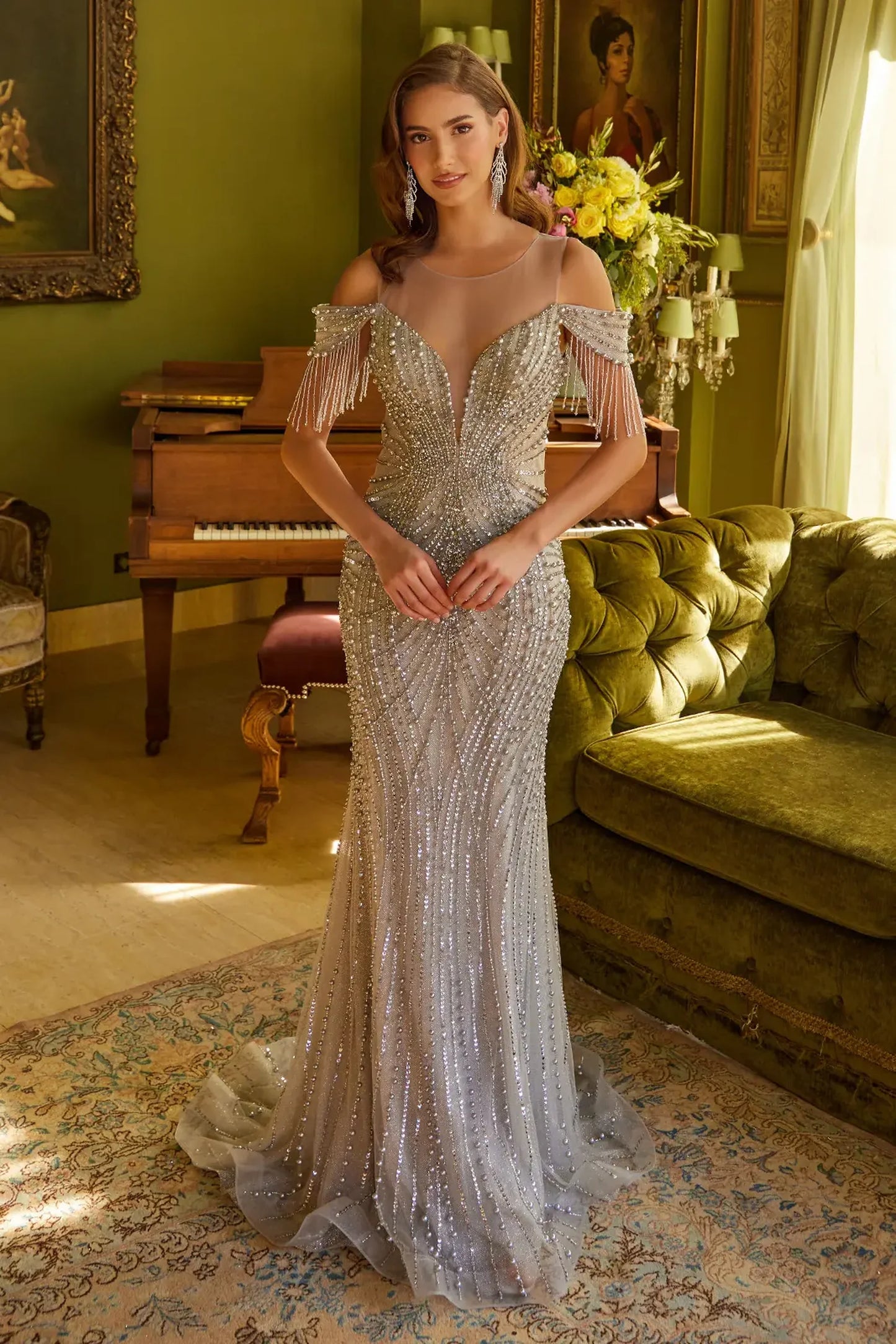 Silver mesh fitted mother of the bride dress with illusion v-neck