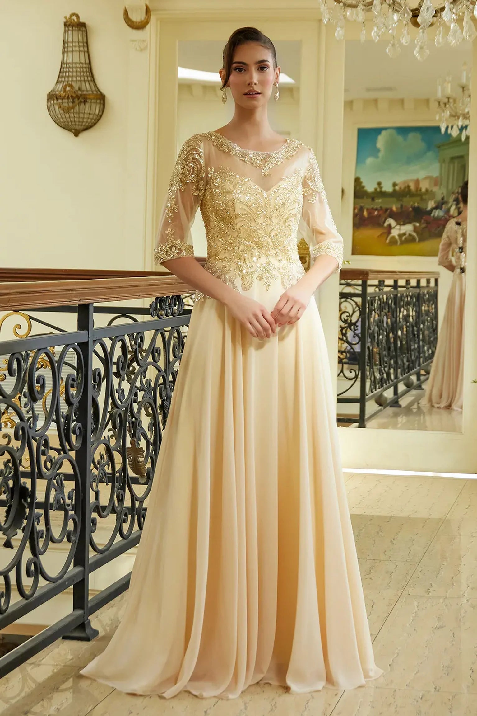 Champagne chiffon, mesh a-line mother of the bride dress with illusion sweetheart