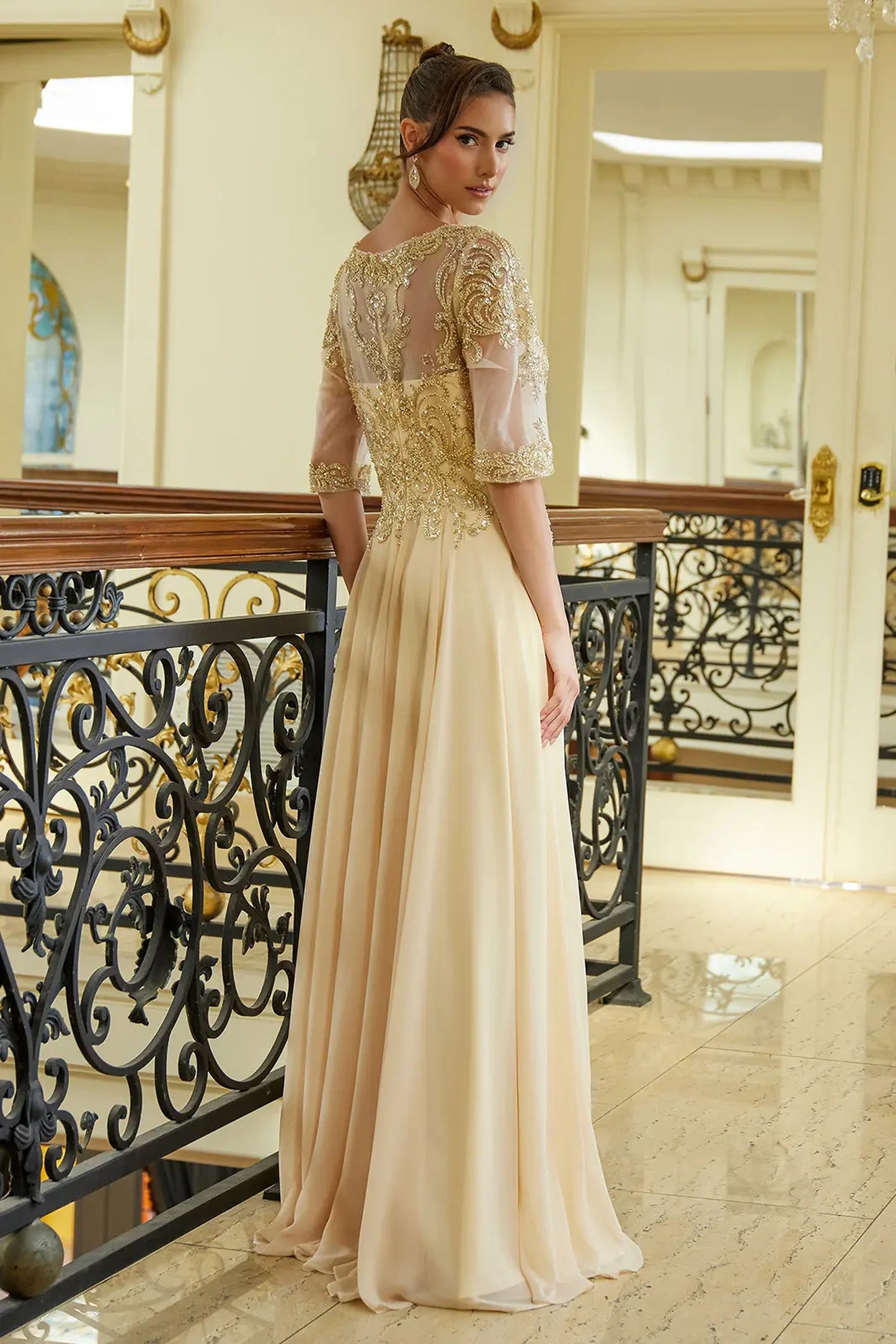 Champagne a-line mother of the bride dress with concealed zipper back and 1/2 sleeve