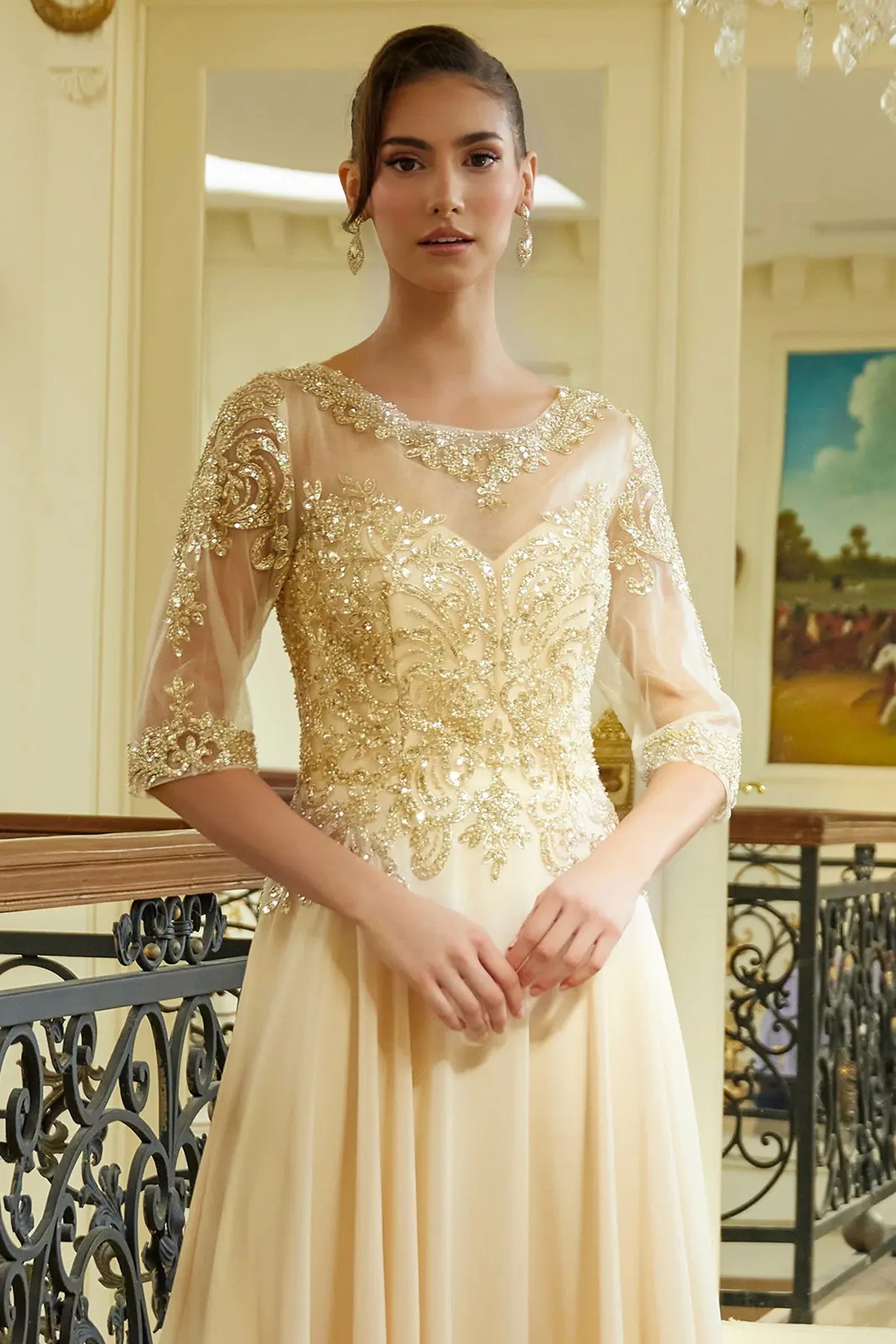 Champagne mother of the bride dress featuring illusion sweetheart bodice with 1/2 sleeve and beads, sequin