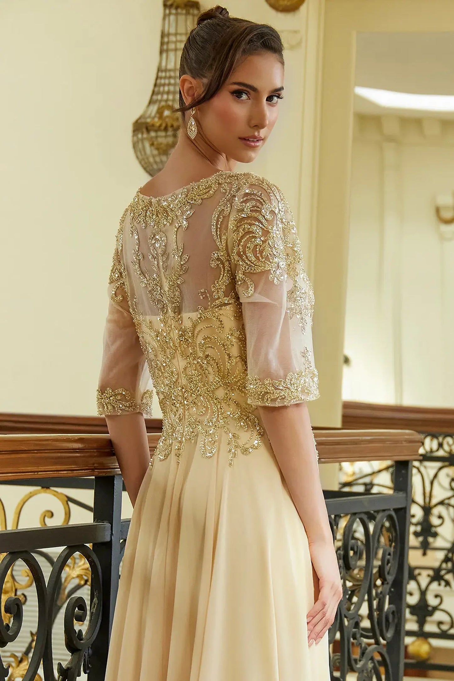 Champagne mother of the bride dress featuring concealed zipper back bodice finished with beads, sequin