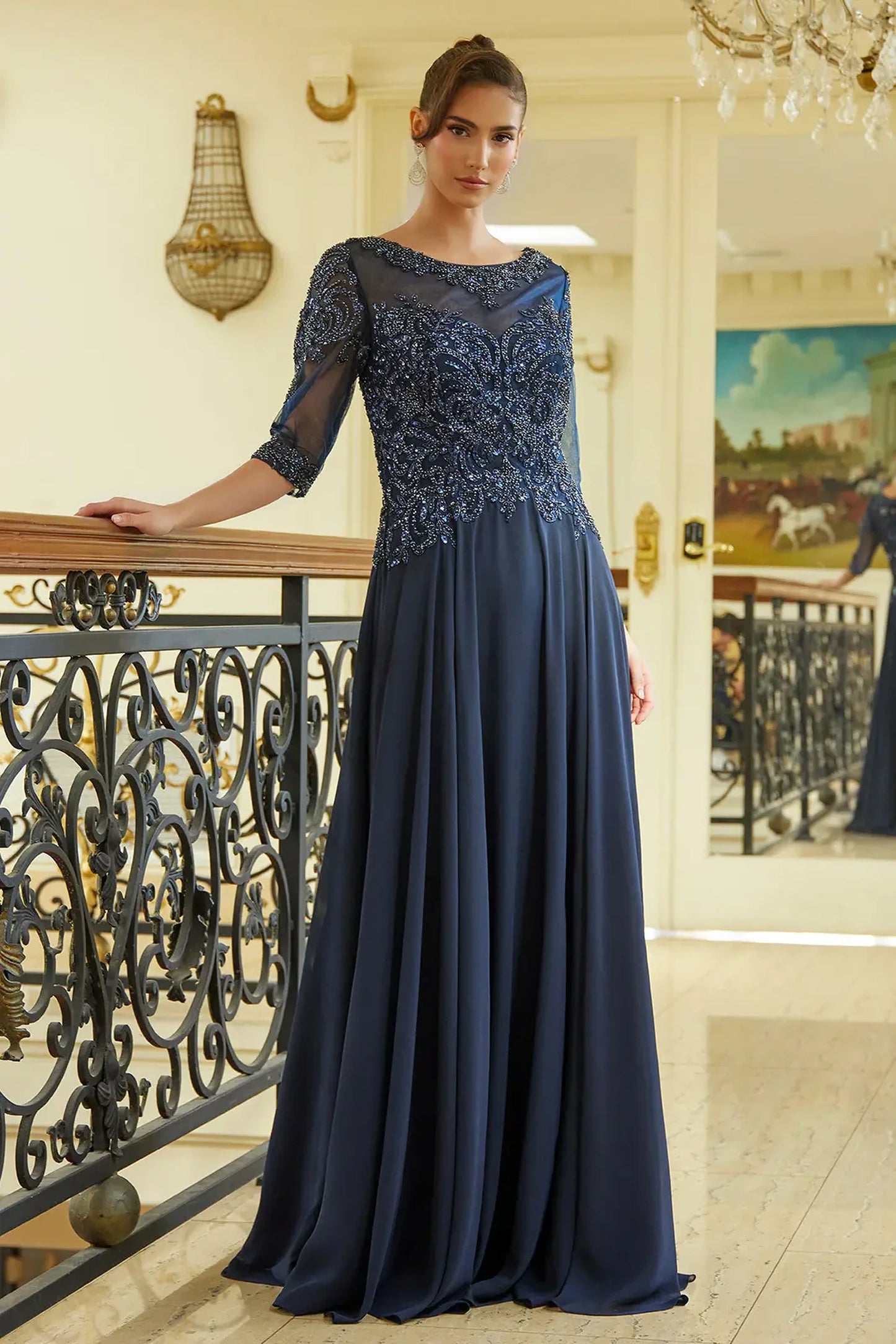 Navy chiffon, mesh a-line mother of the bride dress with illusion sweetheart