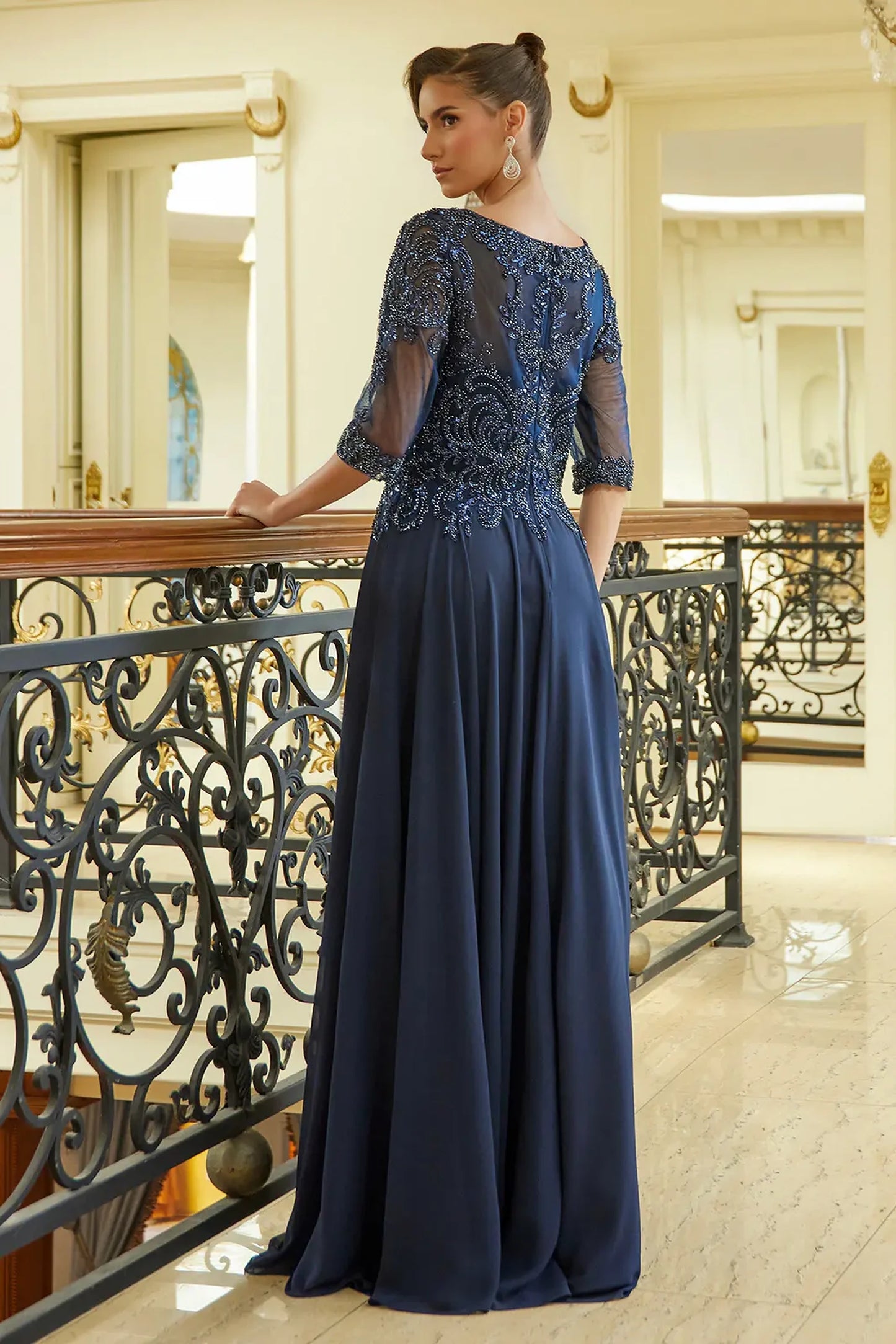 Navy a-line mother of the bride dress with concealed zipper back and 1/2 sleeve