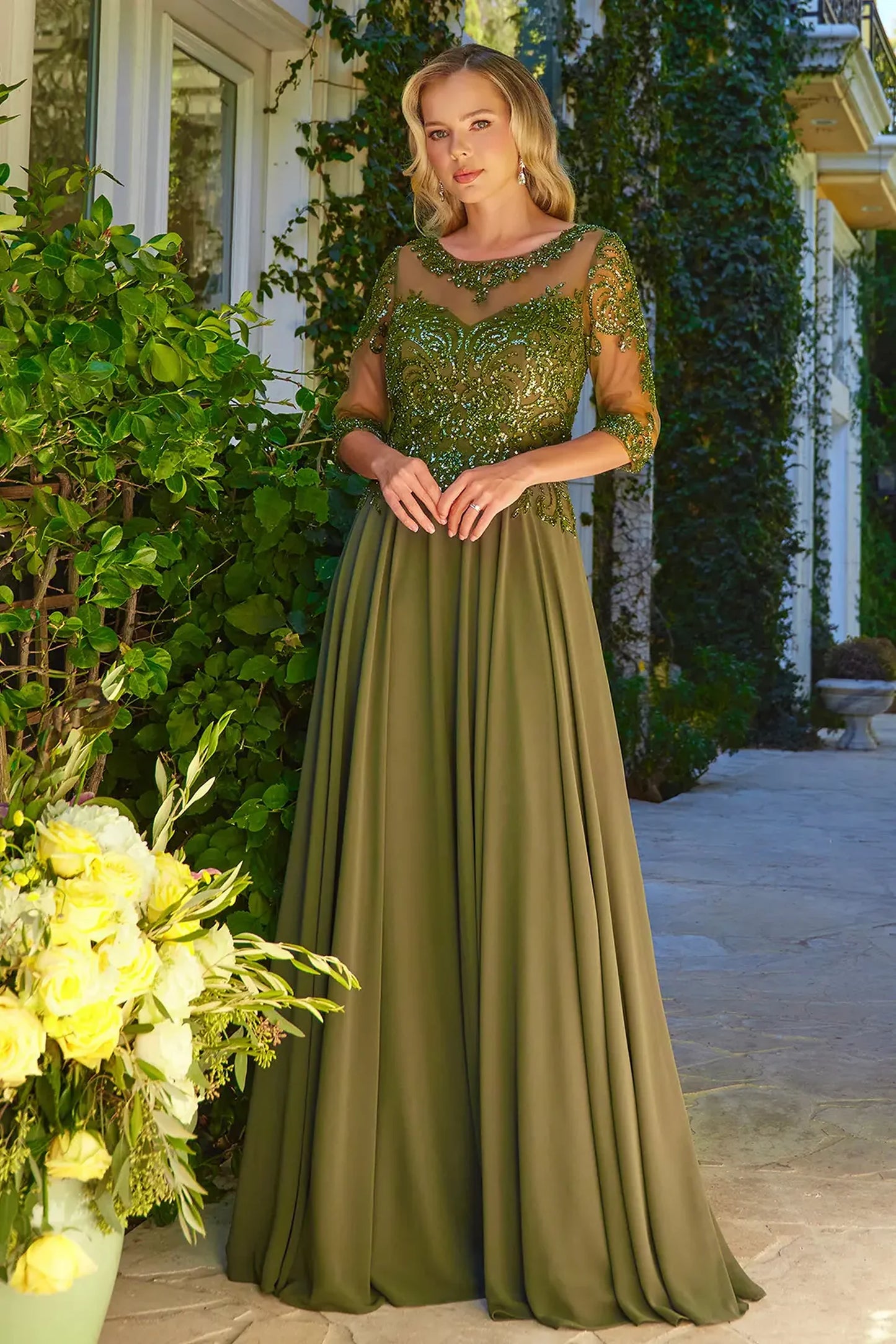 Olive chiffon, mesh a-line mother of the bride dress with illusion sweetheart