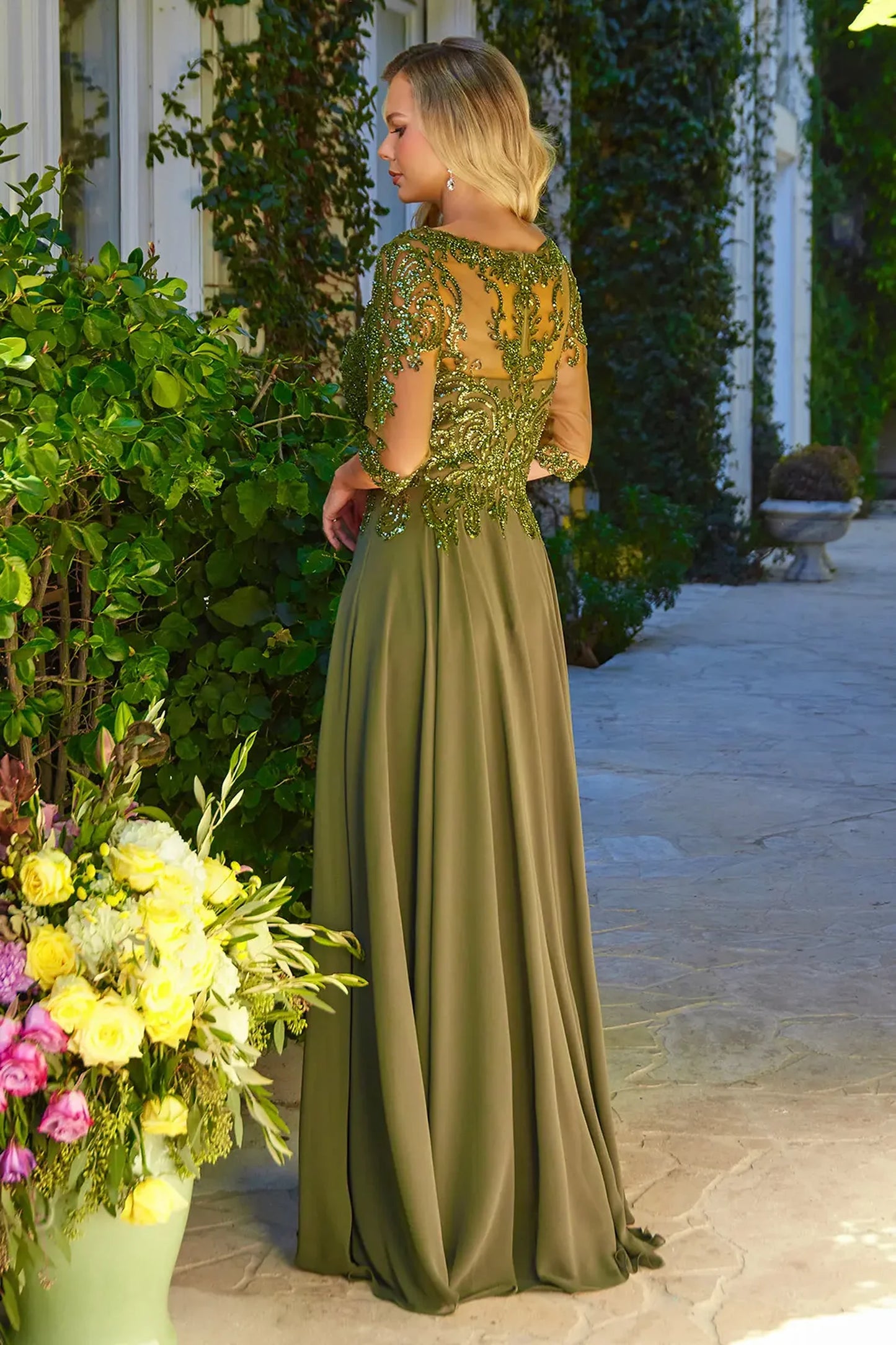 Olive a-line mother of the bride dress with concealed zipper back and 1/2 sleeve