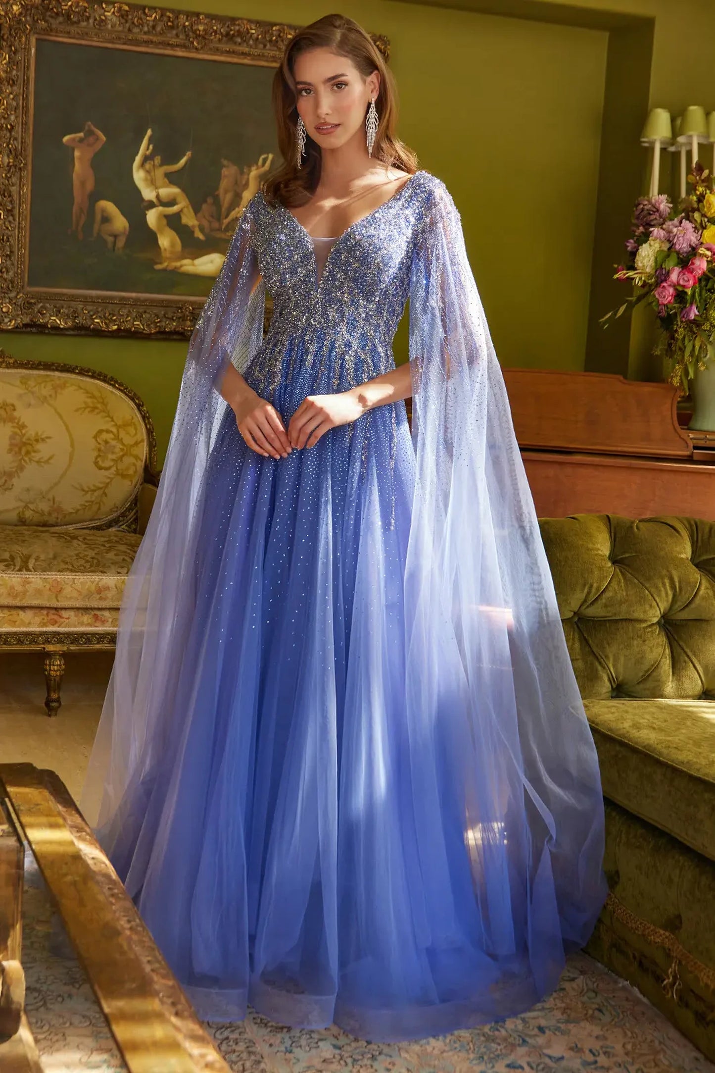 Lavender Blue mesh a-line mother of the bride dress with v-neck