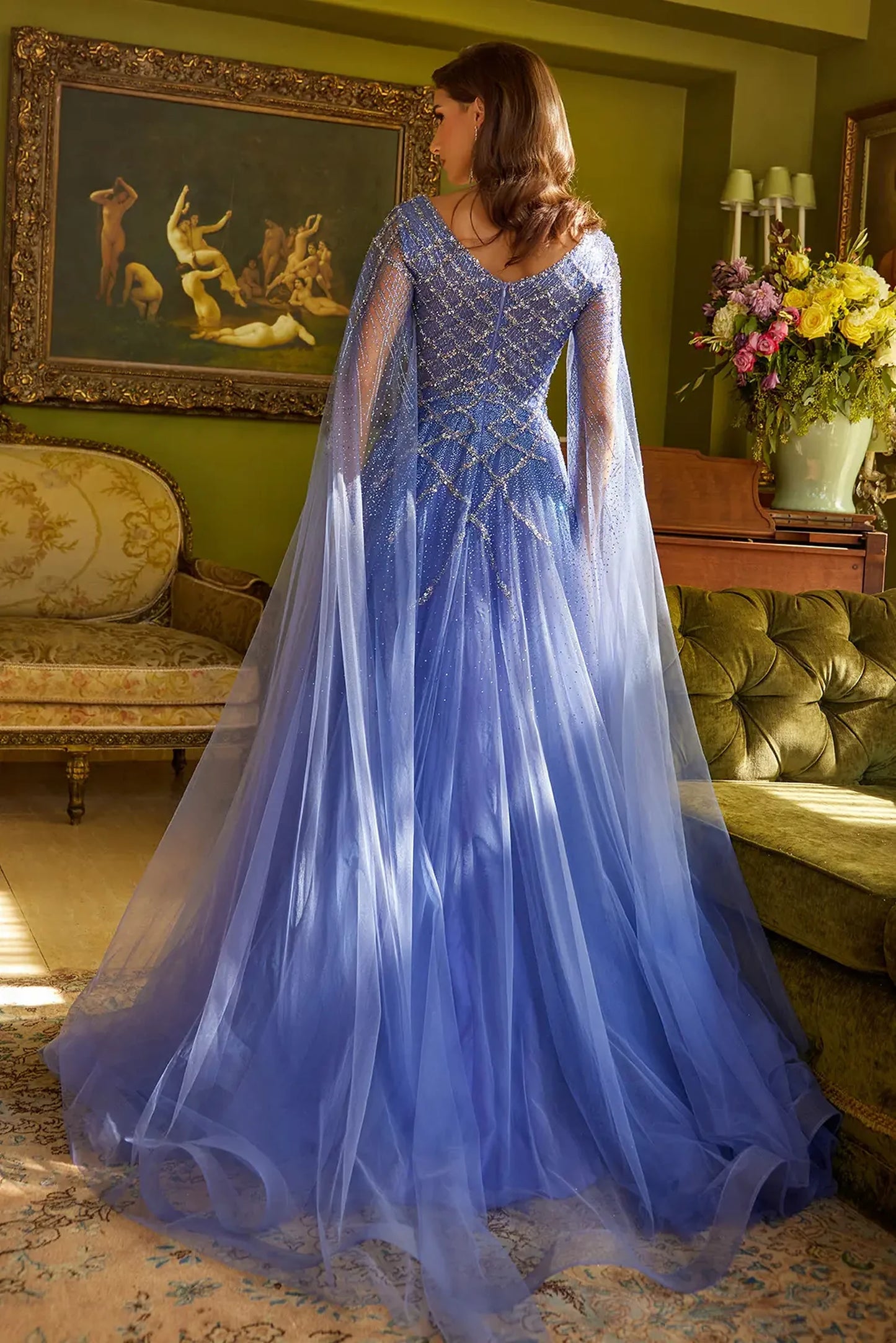 Lavender Blue a-line mother of the bride dress with v-back with concealed zipper and cape sleeve