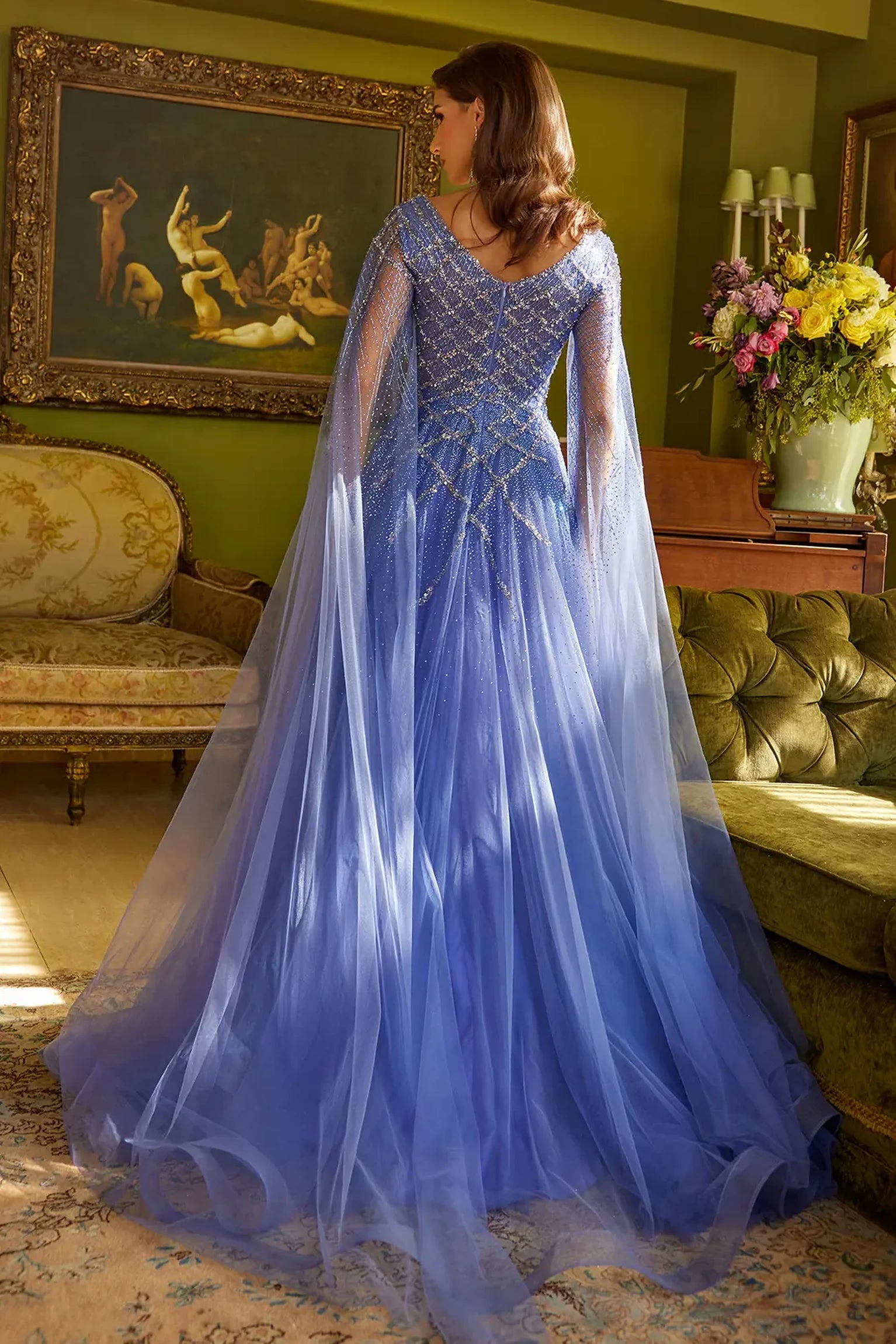 Lavender Blue a-line mother of the bride dress with v-back with concealed zipper and cape sleeve