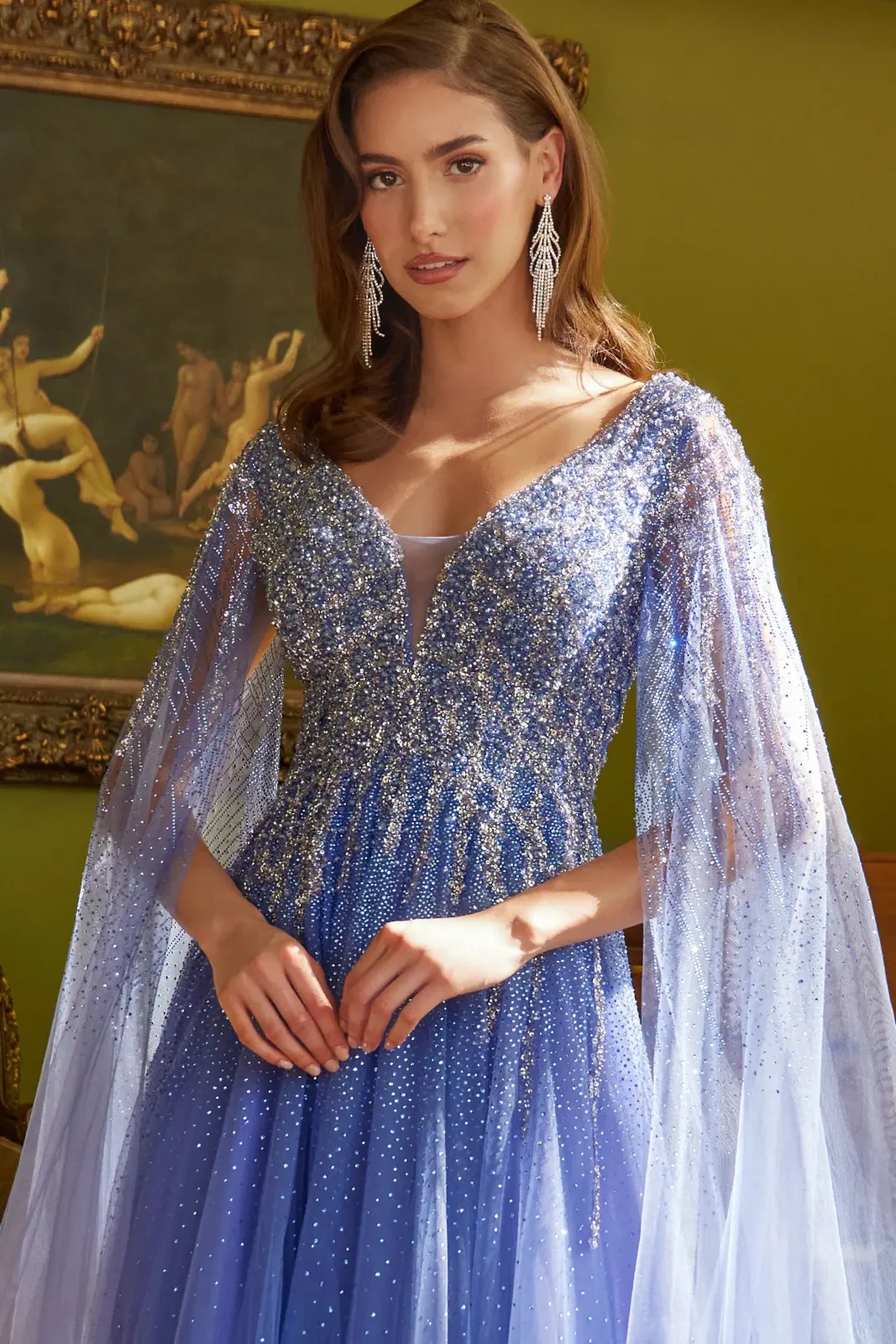 Lavender Blue mother of the bride dress featuring v-neck bodice with cape sleeve and beads, jewel, sequin