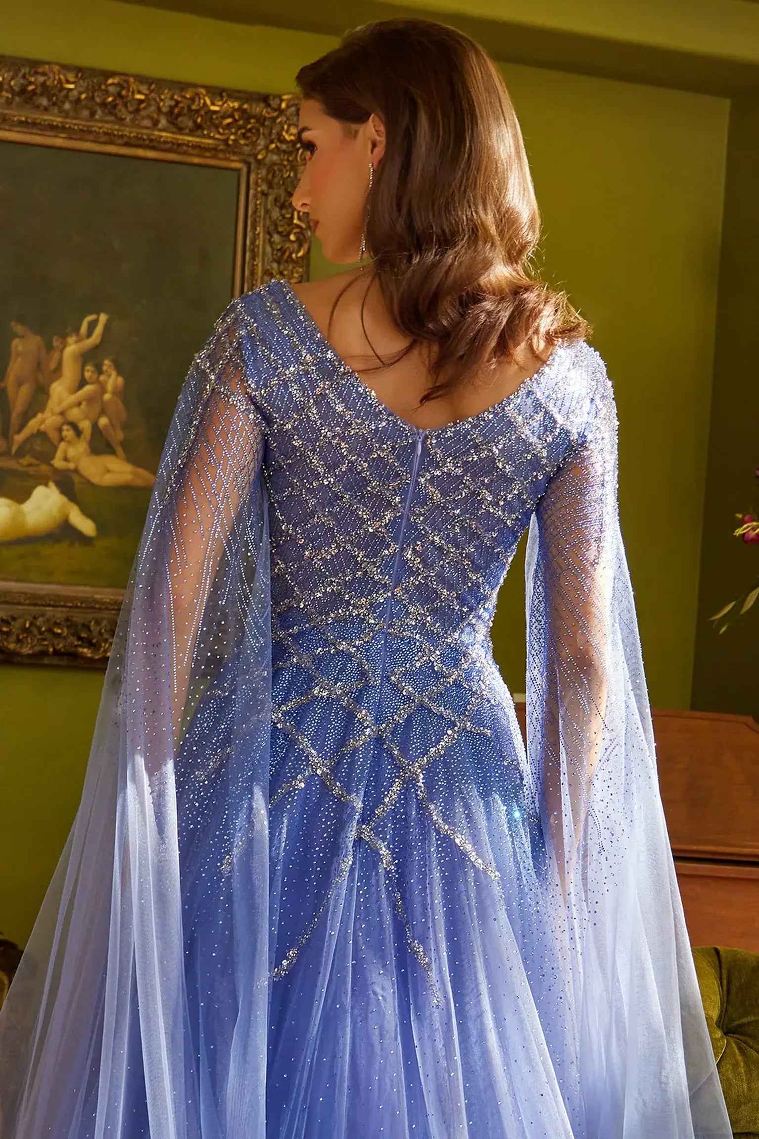 Lavender Blue mother of the bride dress featuring v-back with concealed zipper bodice finished with beads, jewel, sequin