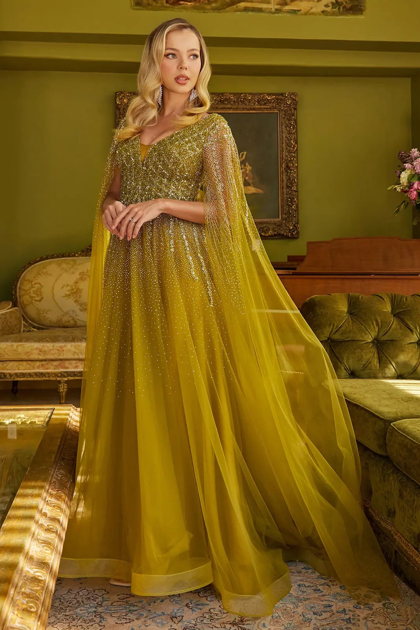 Olive mesh a-line mother of the bride dress with v-neck