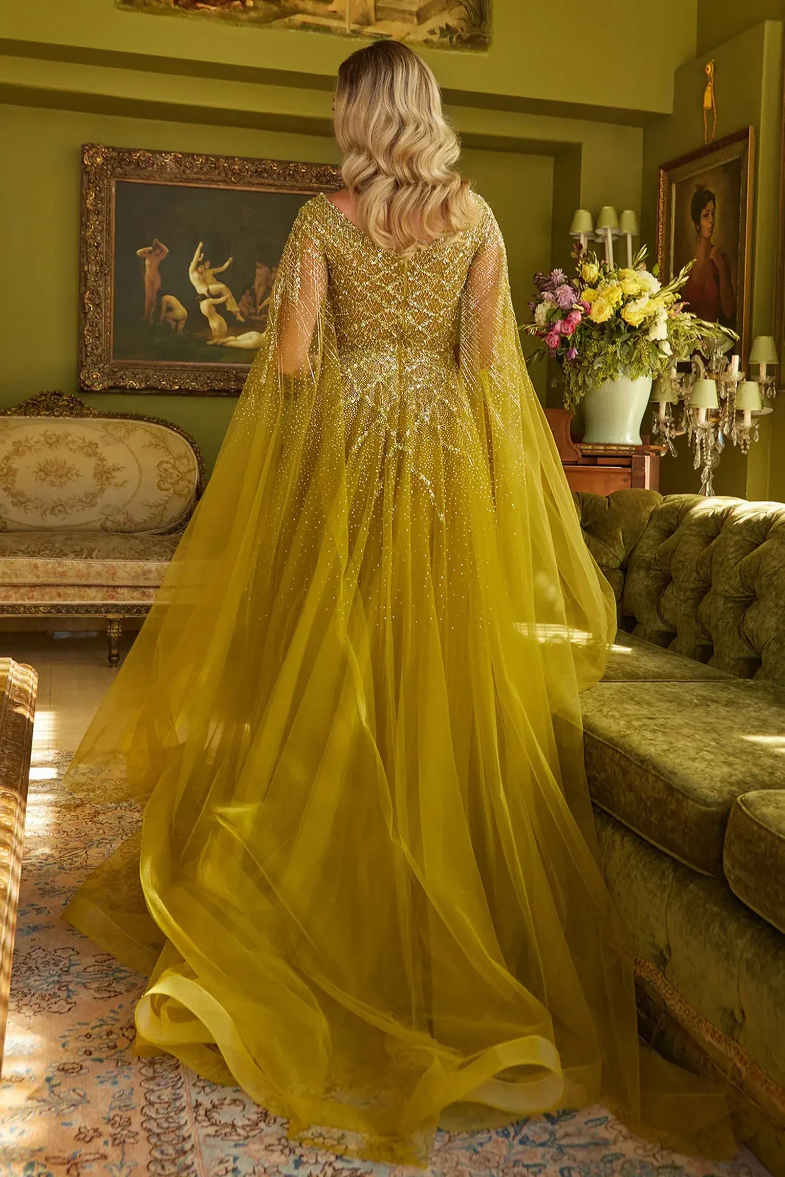 Olive a-line mother of the bride dress with v-back with concealed zipper and cape sleeve