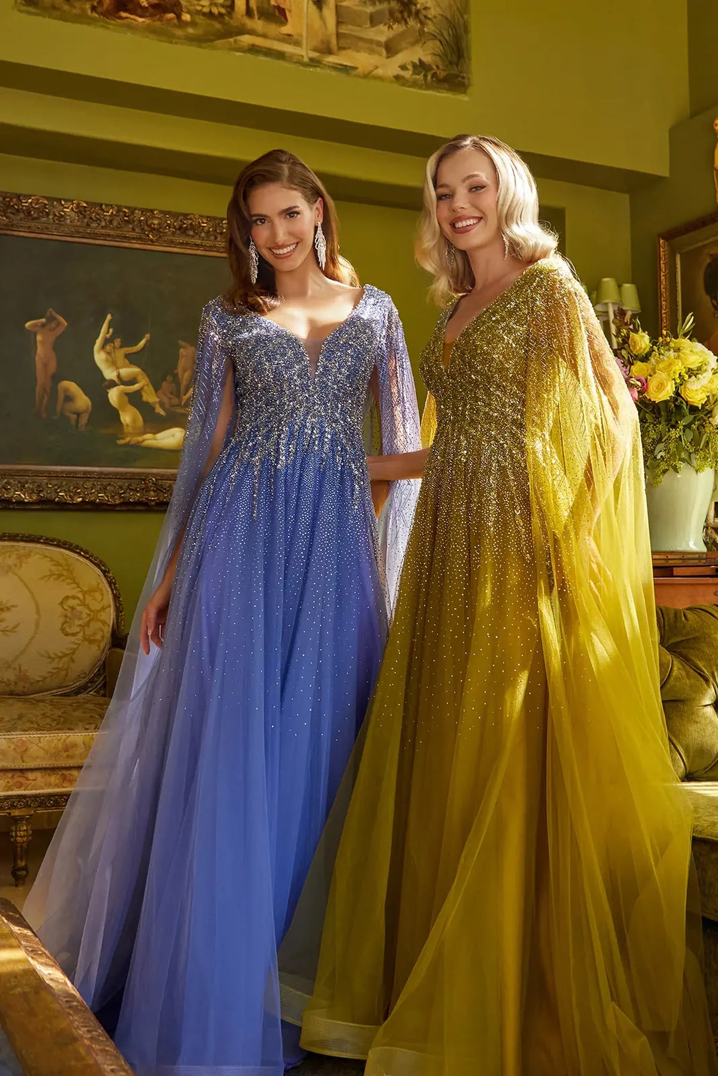 Olive mother of the bride dress featuring v-neck bodice with cape sleeve and beads, jewel, sequin