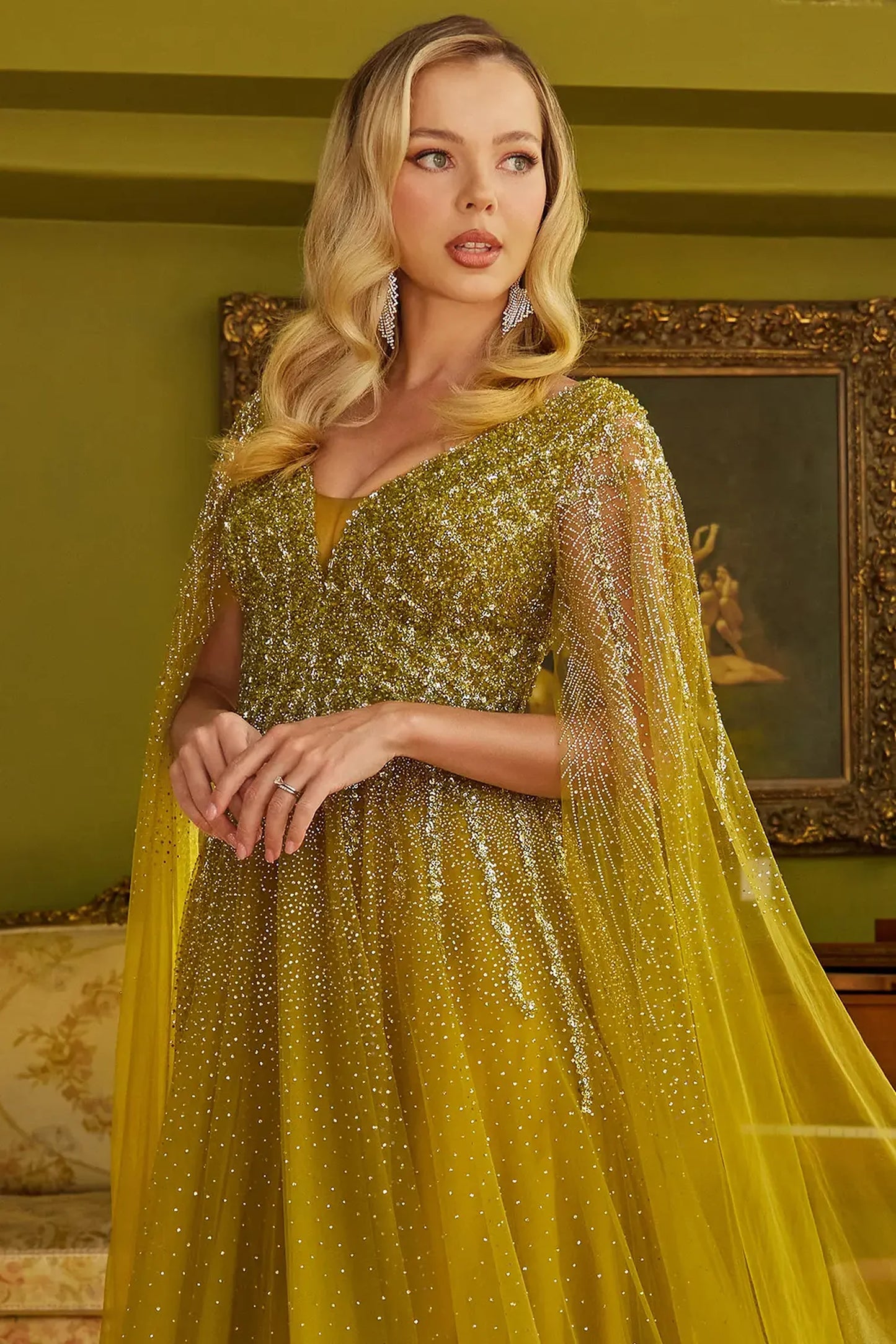 Olive mother of the bride dress featuring v-back with concealed zipper bodice finished with beads, jewel, sequin