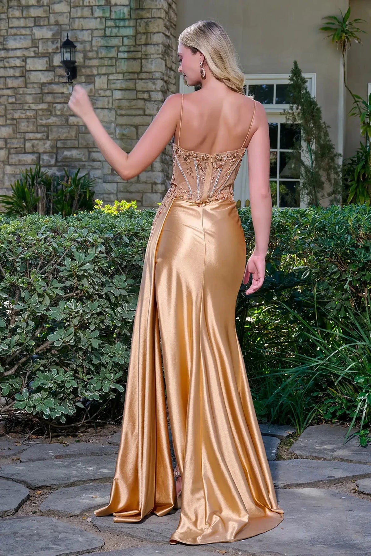 Gold prom evening dress full back with back detail