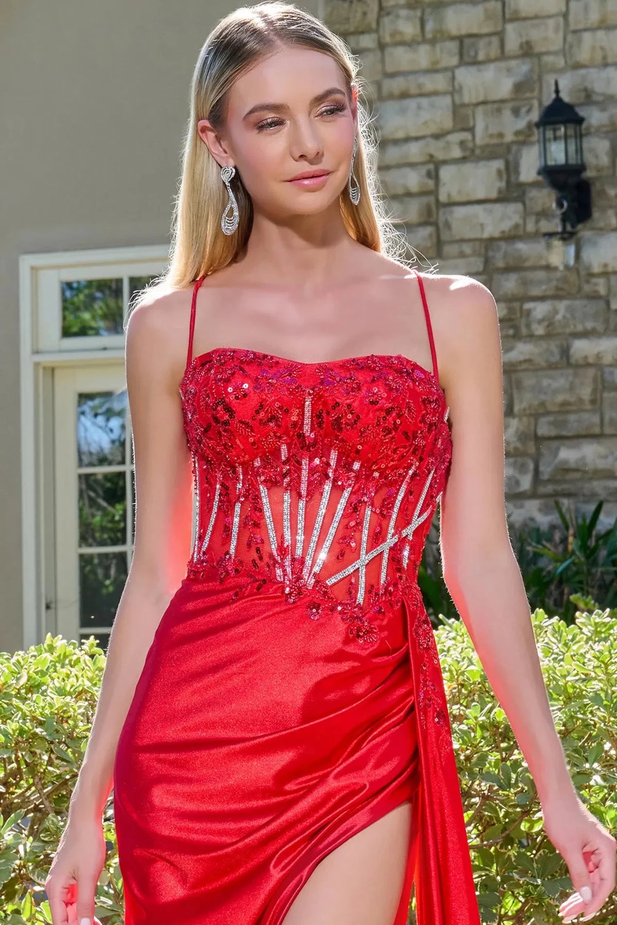 Red sweetheart prom evening dress upper front with beads, embroidery, jewel, sequin