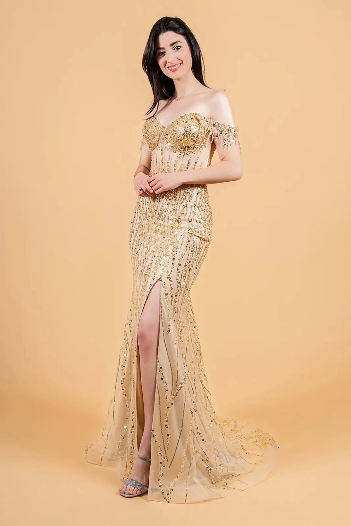 Champagne sequin prom evening dress full front